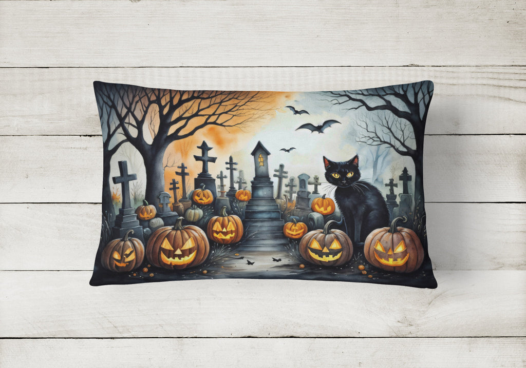 Black Cat Spooky Halloween Decorative Throw Pillow 12x16 Indoor Outdoor Accent Cushion, Fabric Cover with Insert for Sofa, Bed, Porch & Living Room