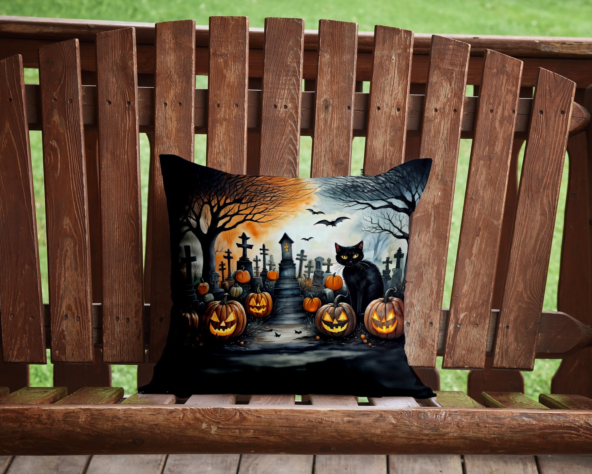 Black Cat Spooky Halloween Decorative Throw Pillow 14x14 Indoor Outdoor Accent Cushion, Fabric Cover with Insert for Sofa, Bed, Porch & Living Room