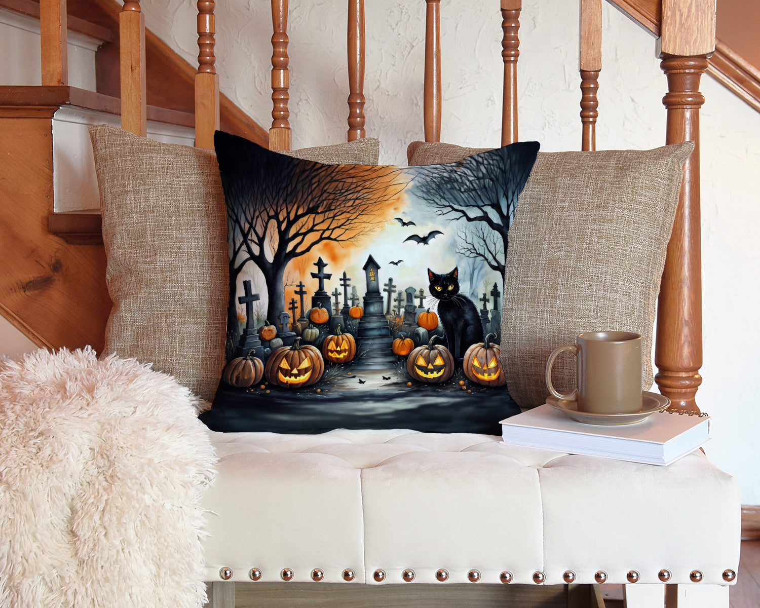 Black Cat Spooky Halloween Decorative Throw Pillow 14x14 Indoor Outdoor Accent Cushion, Fabric Cover with Insert for Sofa, Bed, Porch & Living Room