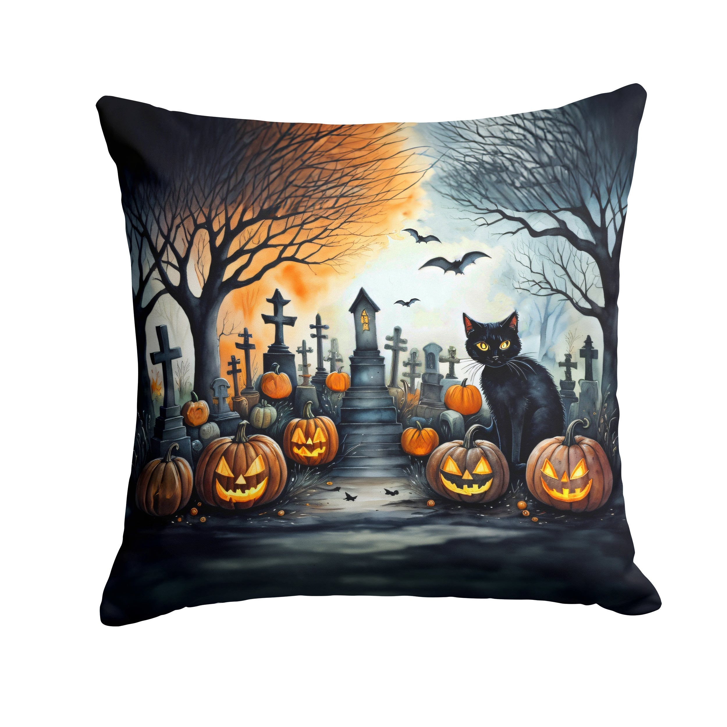 Black Cat Spooky Halloween Decorative Throw Pillow 18x18 Indoor Outdoor Accent Cushion, Fabric Cover with Insert for Sofa, Bed, Porch & Living Room