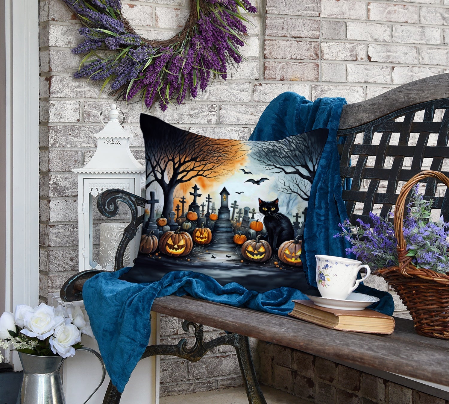 Black Cat Spooky Halloween Decorative Throw Pillow 18x18 Indoor Outdoor Accent Cushion, Fabric Cover with Insert for Sofa, Bed, Porch & Living Room