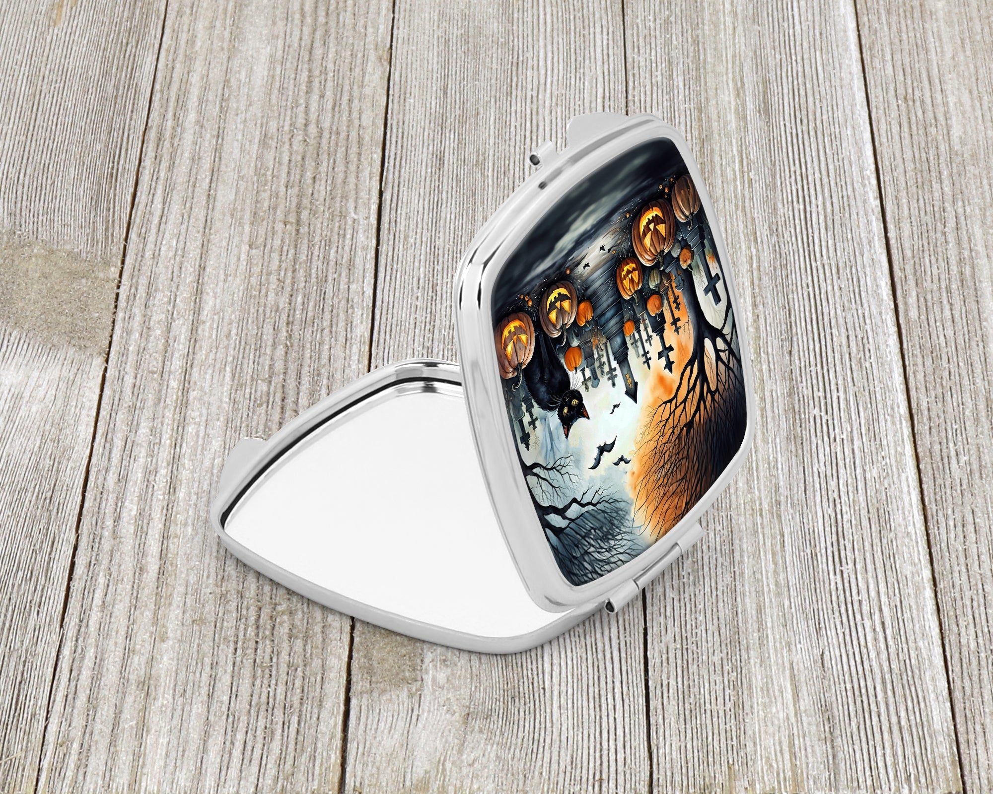 Black Cat Spooky Halloween Compact Mirror Decorative Travel Makeup Mirror for Women Girls Gifts Pocket Makeup Mirror Folding Handheld