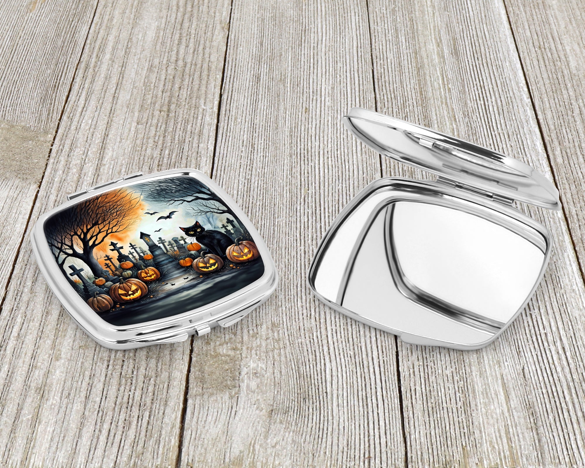 Black Cat Spooky Halloween Compact Mirror Decorative Travel Makeup Mirror for Women Girls Gifts Pocket Makeup Mirror Folding Handheld