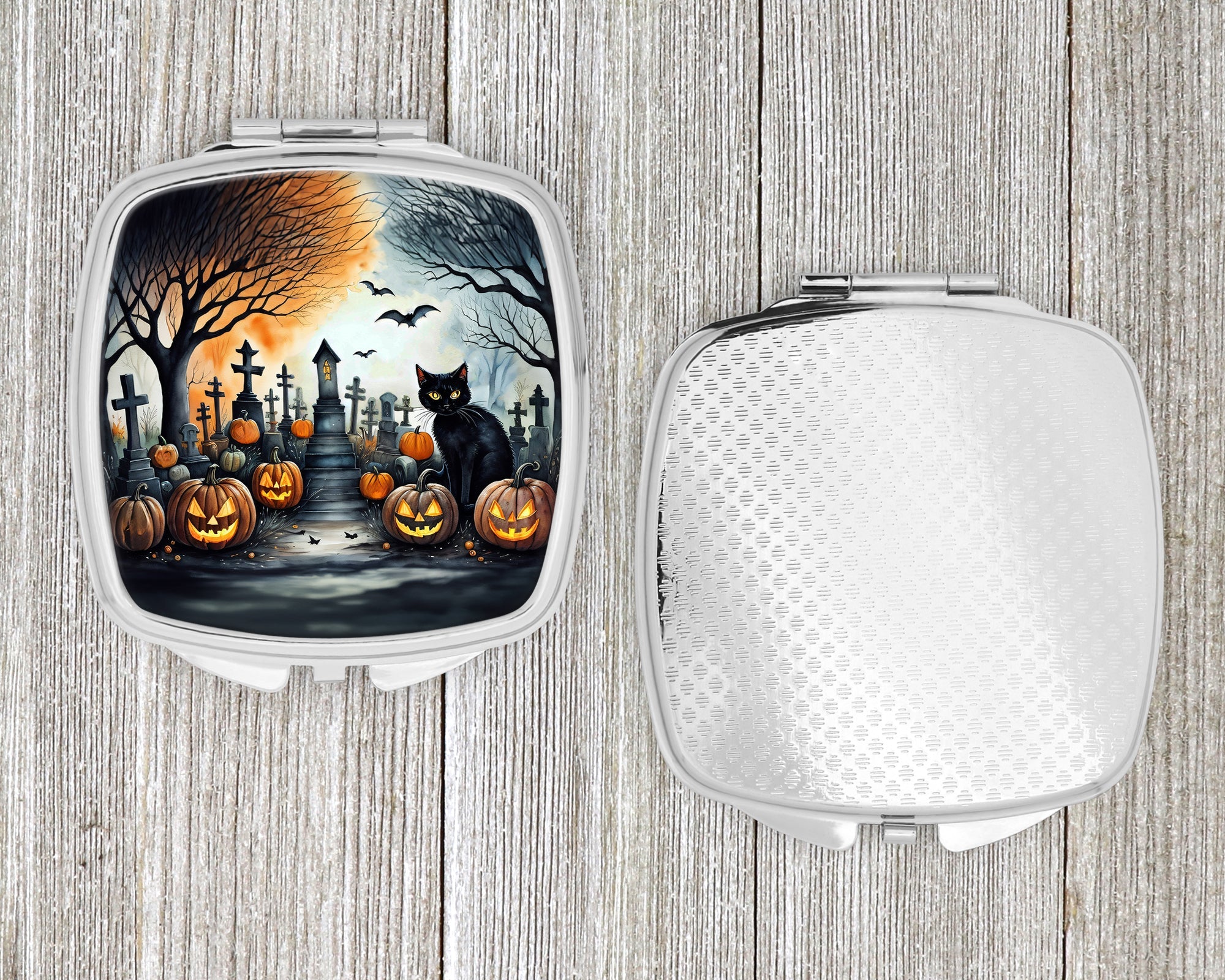 Black Cat Spooky Halloween Compact Mirror Decorative Travel Makeup Mirror for Women Girls Gifts Pocket Makeup Mirror Folding Handheld