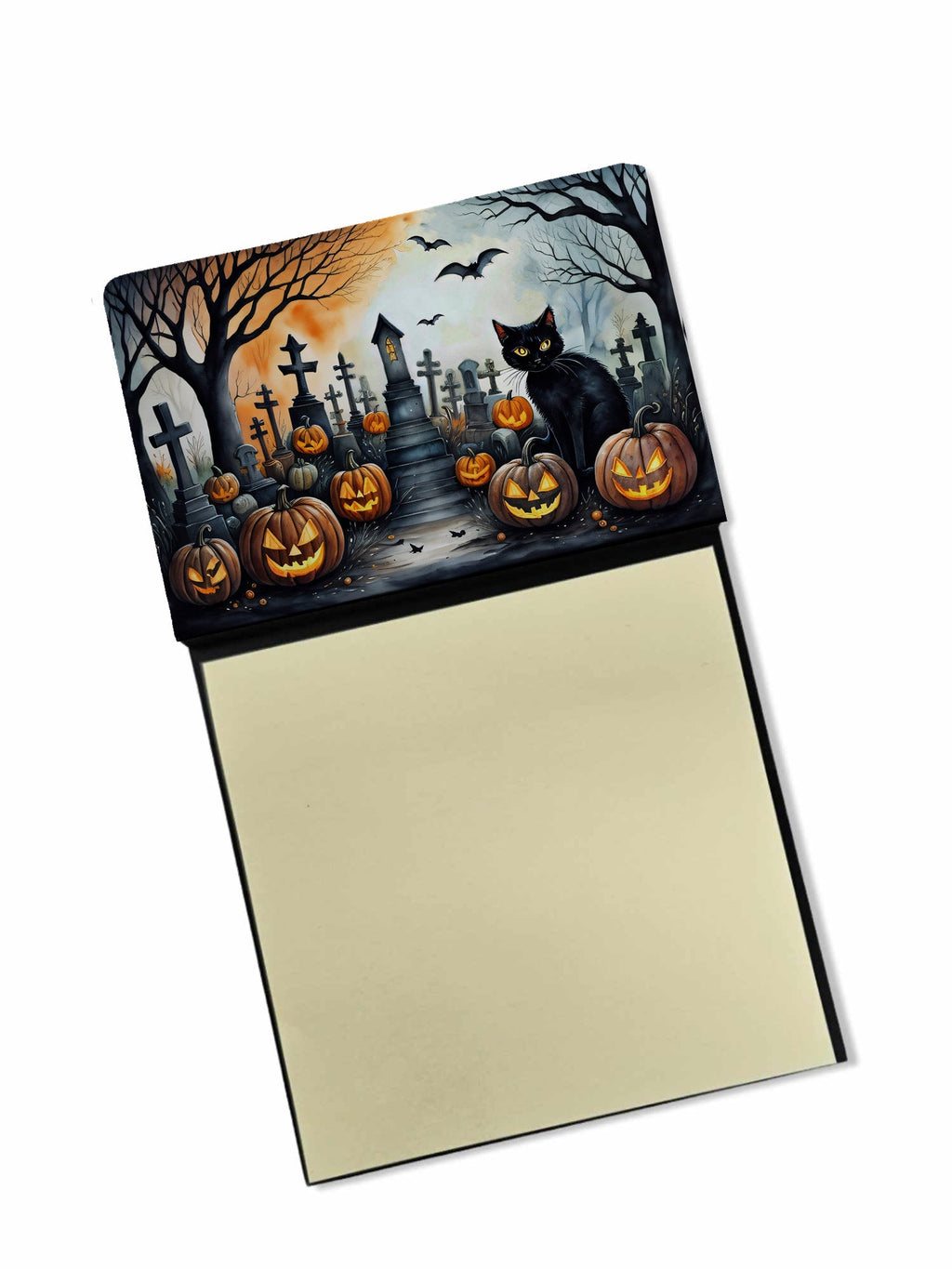 Black Cat Spooky Halloween Watercolor Sticky Note Holder Refillable Dispenser Desk Accessory 3x3 Pad Gift