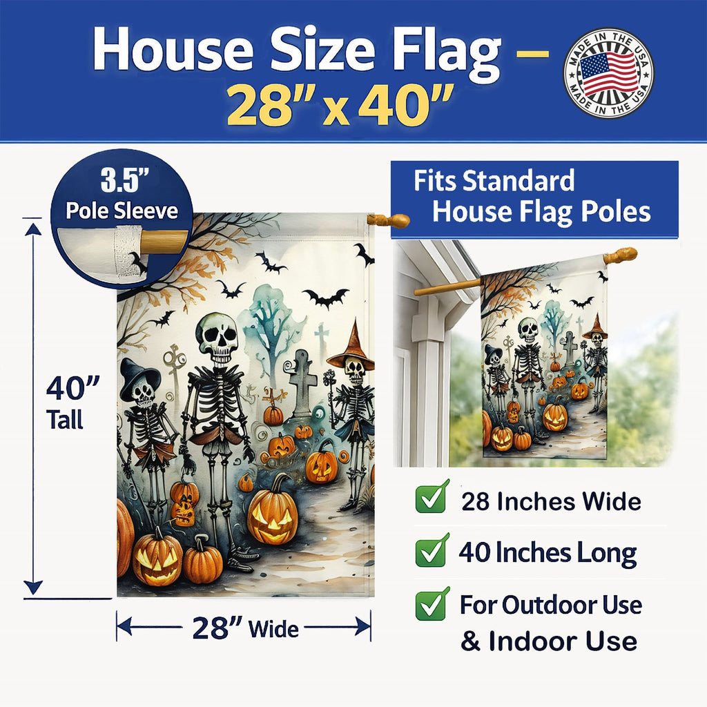 Calacas Skeletons Spooky Halloween House Flag 28x40 Porch Sleeve Pole Decorative Outside Yard Banner Artwork Wall Hanging, Polyester