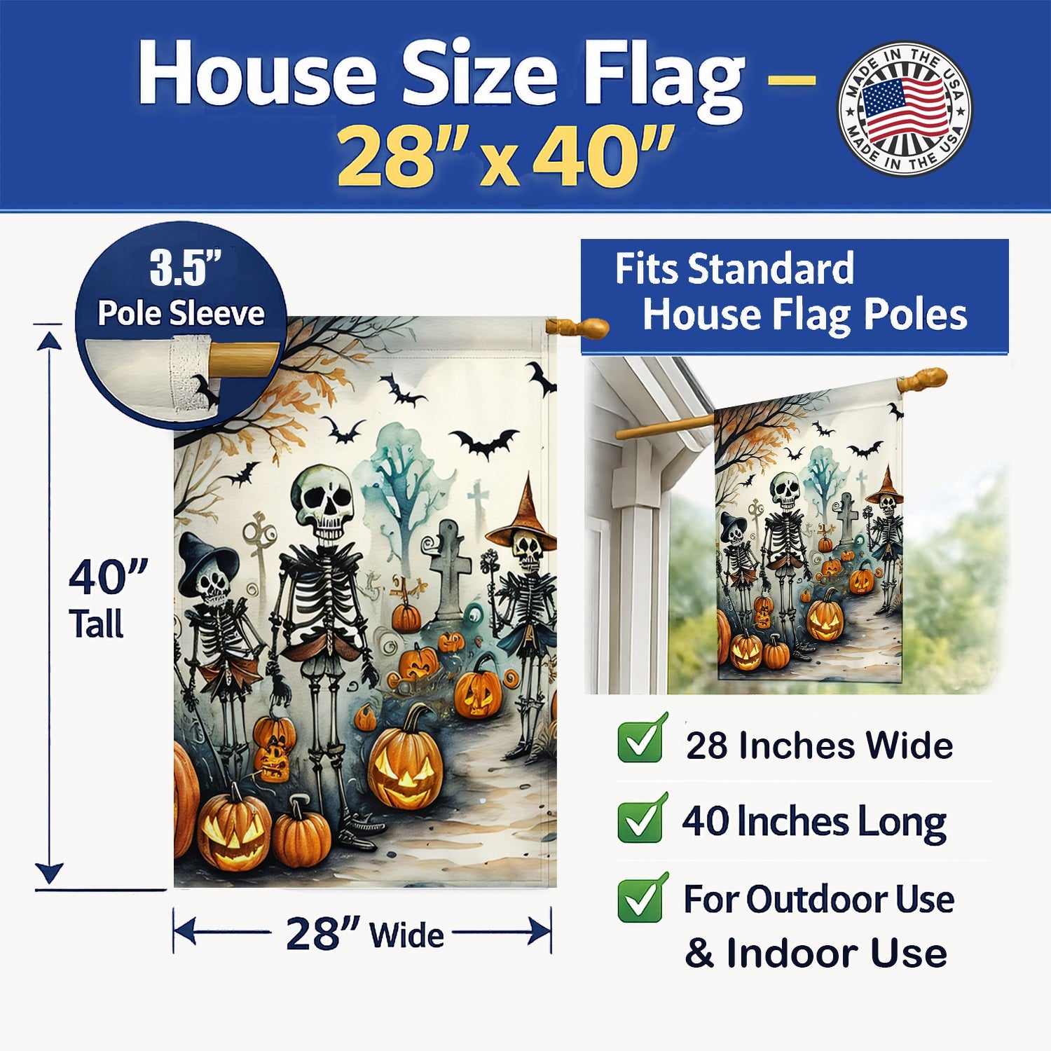 Calacas Skeletons Spooky Halloween House Flag 28x40 Porch Sleeve Pole Decorative Outside Yard Banner Artwork Wall Hanging, Polyester