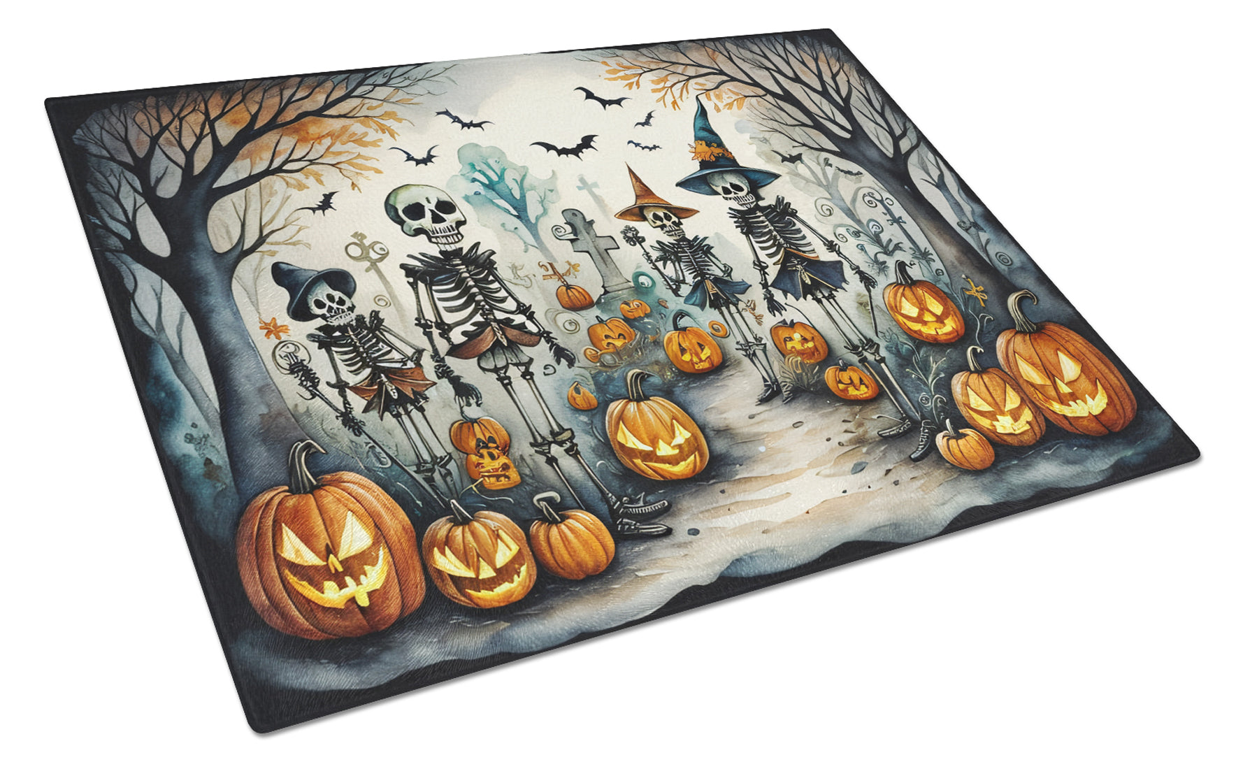 Calacas Skeletons Spooky Halloween Cutting Board Tempered Glass Kitchen Cutting Surface, Heat Resistant Chopping, Non-Slip Feet, Food Prep & Serving