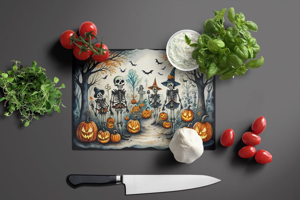Calacas Skeletons Spooky Halloween Cutting Board Tempered Glass Kitchen Cutting Surface, Heat Resistant Chopping, Non-Slip Feet, Food Prep & Serving