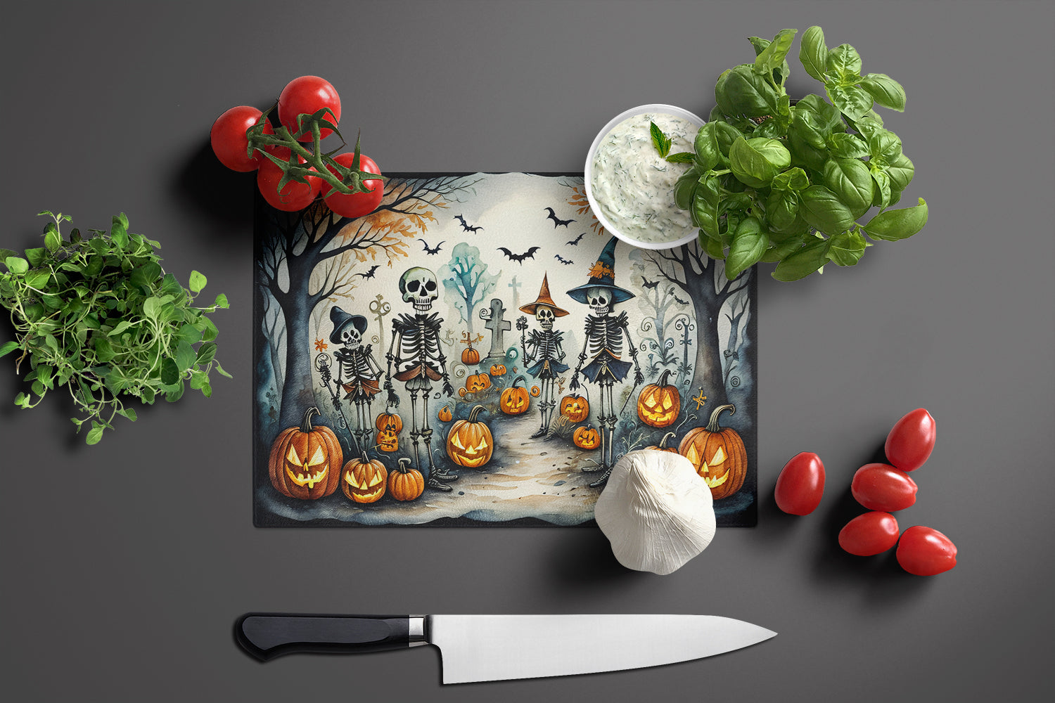 Calacas Skeletons Spooky Halloween Cutting Board Tempered Glass Kitchen Cutting Surface, Heat Resistant Chopping, Non-Slip Feet, Food Prep & Serving