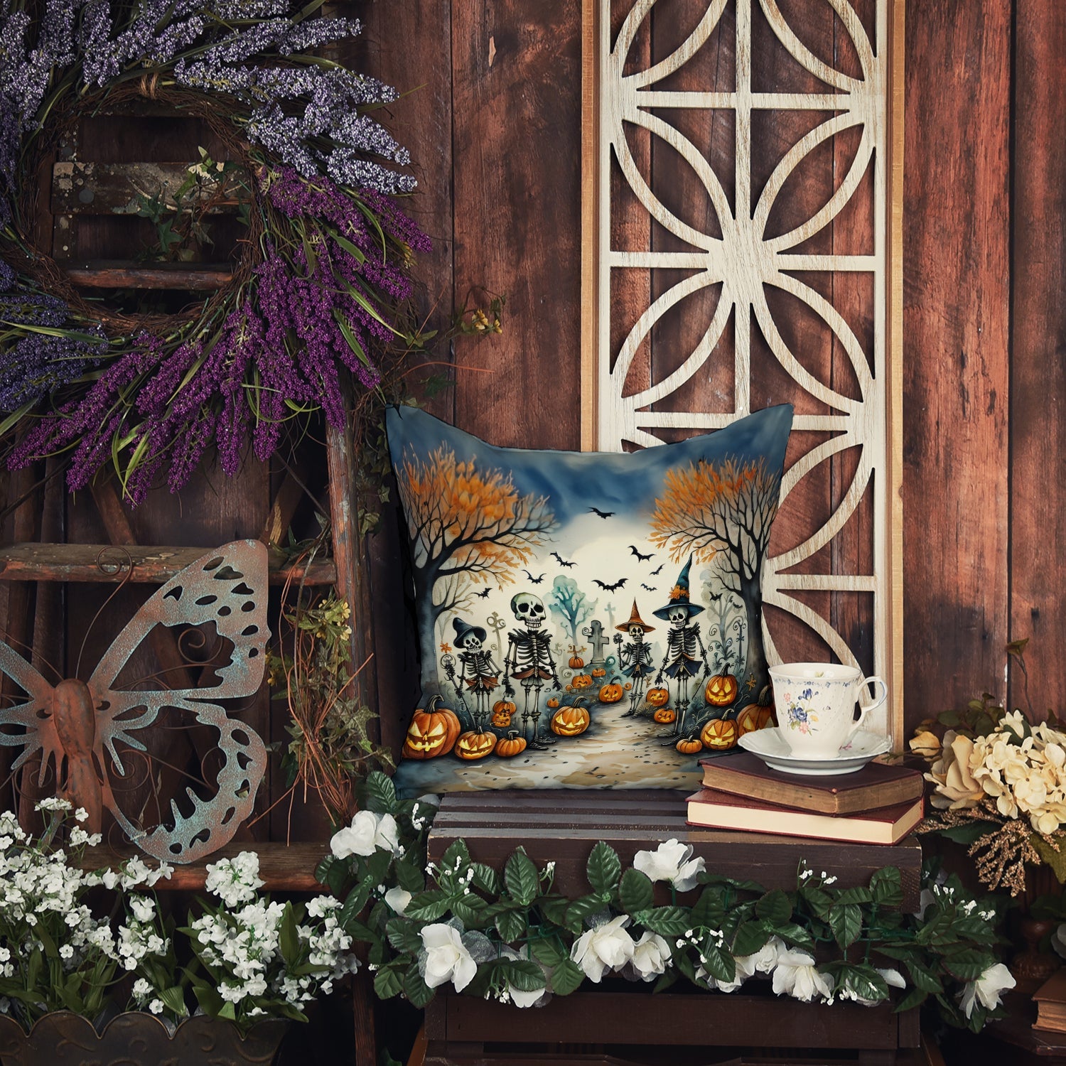 Calacas Skeletons Spooky Halloween Decorative Throw Pillow 14x14 Indoor Outdoor Accent Cushion, Fabric Cover with Insert for Sofa, Bed, Porch & Living Room