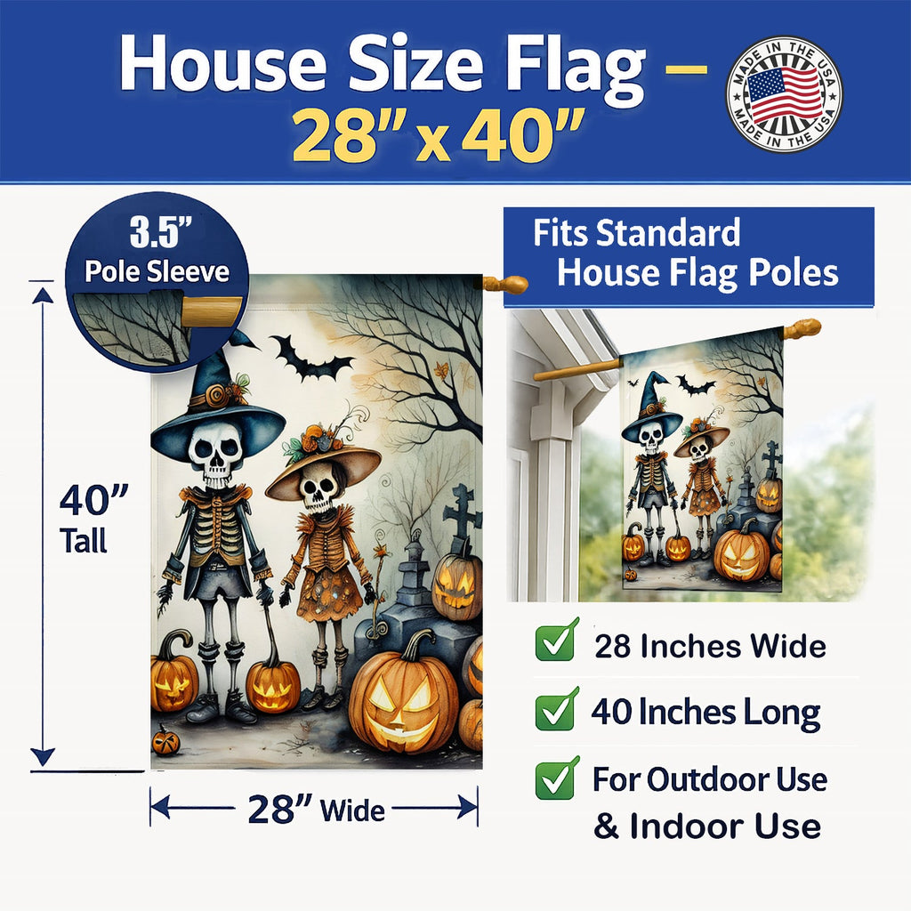 Calacas Skeletons Spooky Halloween House Flag 28x40 Porch Sleeve Pole Decorative Outside Yard Banner Artwork Wall Hanging, Polyester