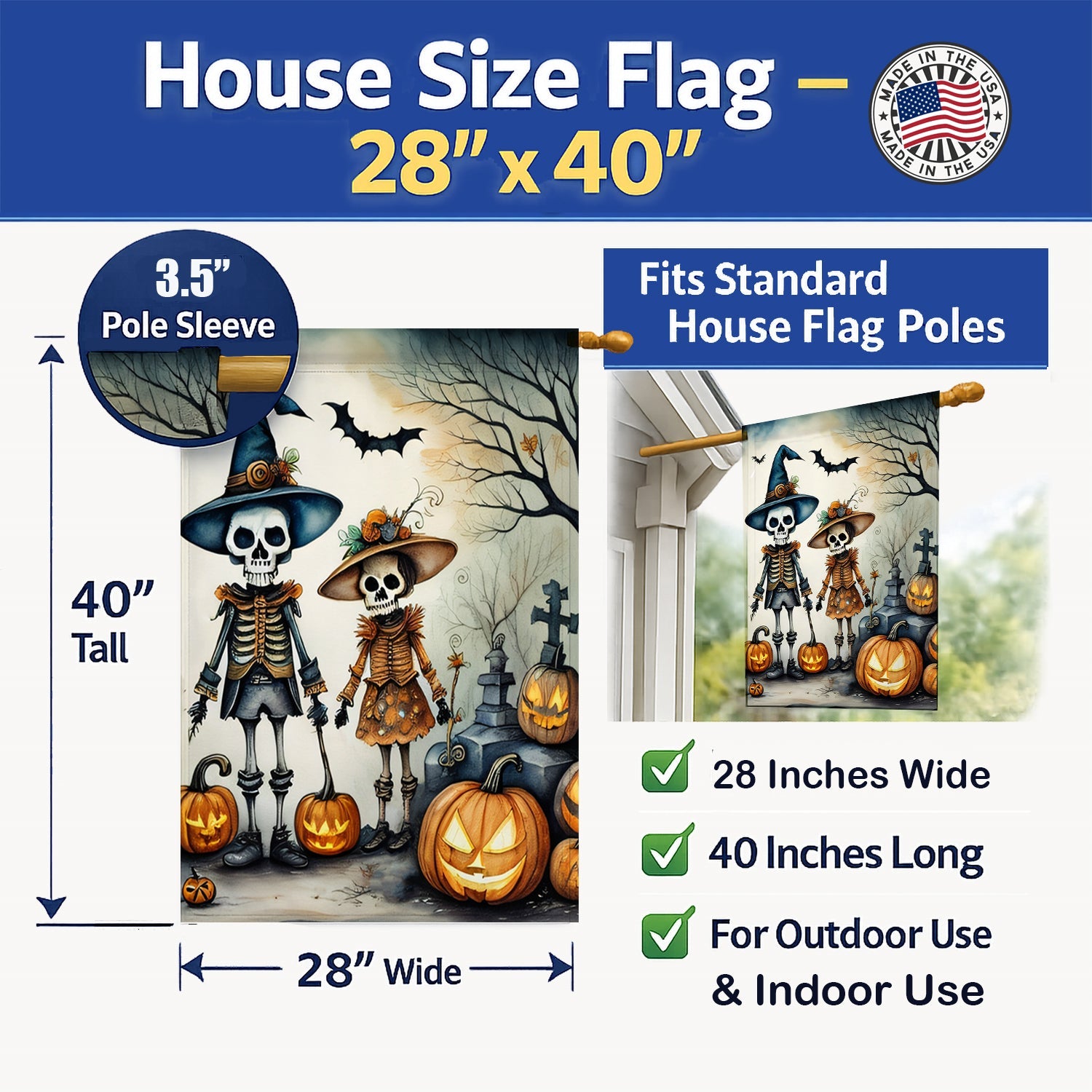 Calacas Skeletons Spooky Halloween House Flag 28x40 Porch Sleeve Pole Decorative Outside Yard Banner Artwork Wall Hanging, Polyester