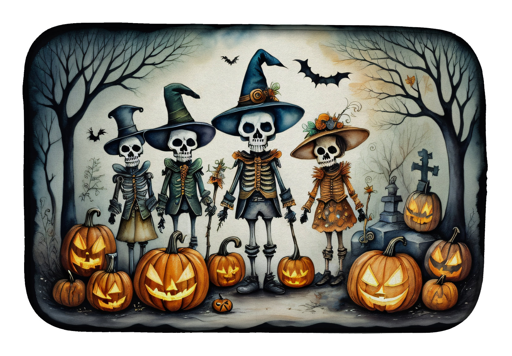Calacas Skeletons Spooky Halloween Dish Drying Mat Absorbent Dish Drying Mat Pad for Kitchen Counter Dish Drainer Mat for Countertop, 14 x 21", Multicolor