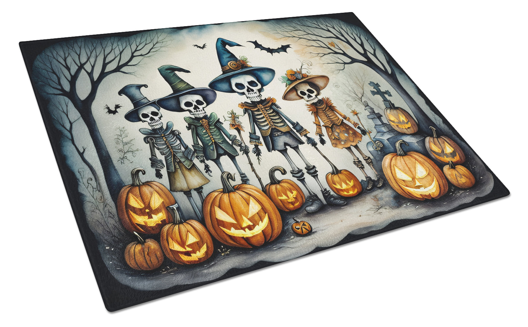 Calacas Skeletons Spooky Halloween Cutting Board Tempered Glass Kitchen Cutting Surface, Heat Resistant Chopping, Non-Slip Feet, Food Prep & Serving