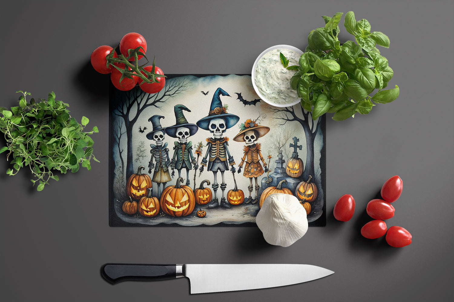 Calacas Skeletons Spooky Halloween Cutting Board Tempered Glass Kitchen Cutting Surface, Heat Resistant Chopping, Non-Slip Feet, Food Prep & Serving