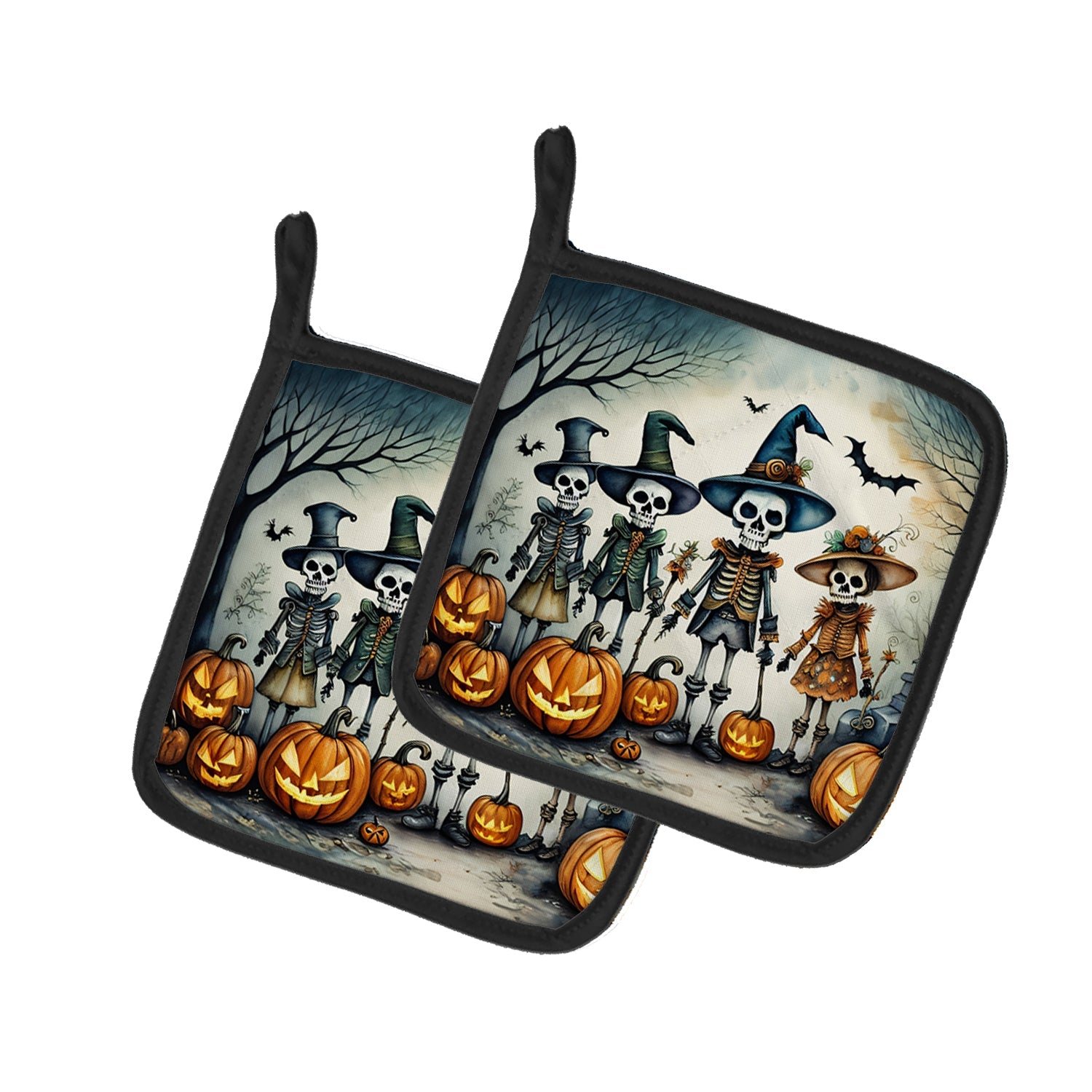 Calacas Skeletons Spooky Halloween Pot Holder Set of 2 Heat Resistant Quilted Hot Pads 7.5 x 7.5 Inch, Insulated Kitchen Trivets for Cooking & Baking