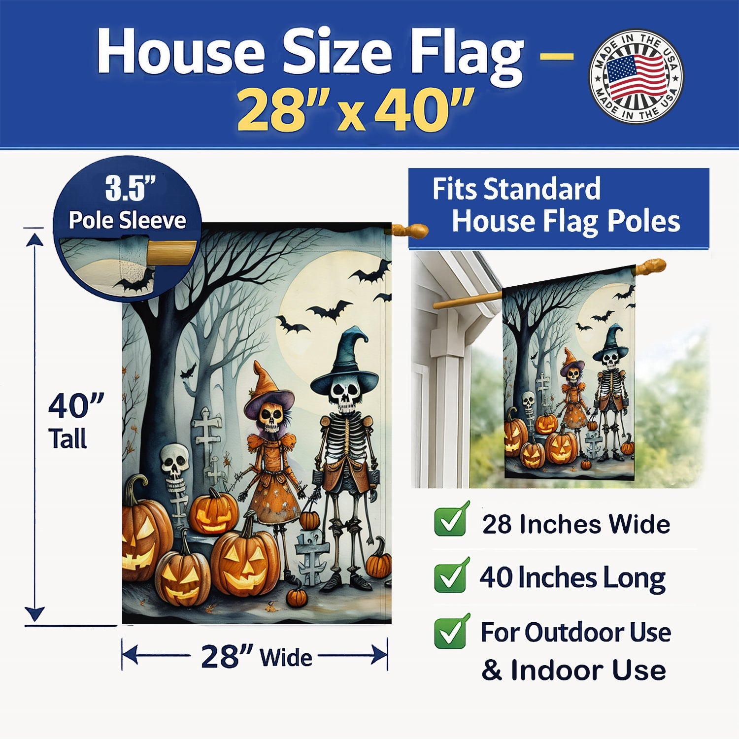 Calacas Skeletons Spooky Halloween House Flag 28x40 Porch Sleeve Pole Decorative Outside Yard Banner Artwork Wall Hanging, Polyester