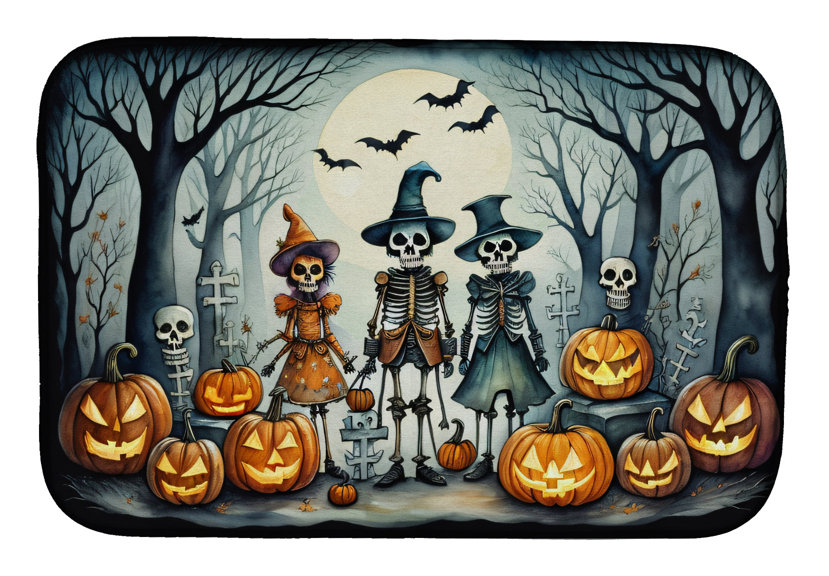 Calacas Skeletons Spooky Halloween Dish Drying Mat Absorbent Dish Drying Mat Pad for Kitchen Counter Dish Drainer Mat for Countertop, 14 x 21", Multicolor