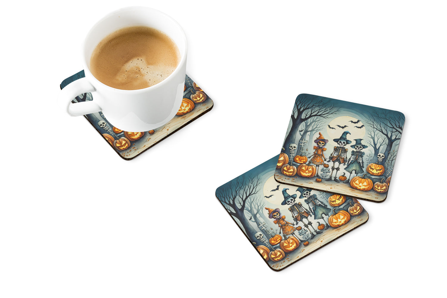 Calacas Skeletons Spooky Halloween Foam Coasters Set of 4 Cup Coasters for Indoor Outdoor, Tabletop Protection, Anti Slip, Mouse pad Material