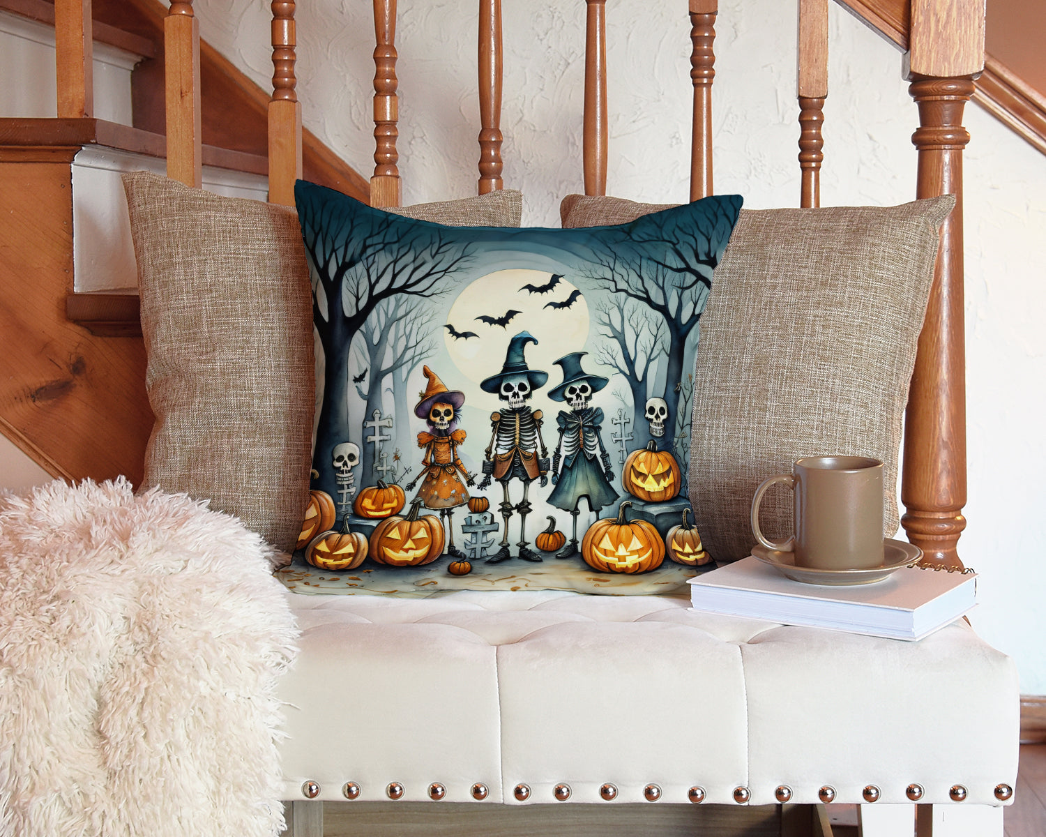 Calacas Skeletons Spooky Halloween Decorative Throw Pillow 14x14 Indoor Outdoor Accent Cushion, Fabric Cover with Insert for Sofa, Bed, Porch & Living Room