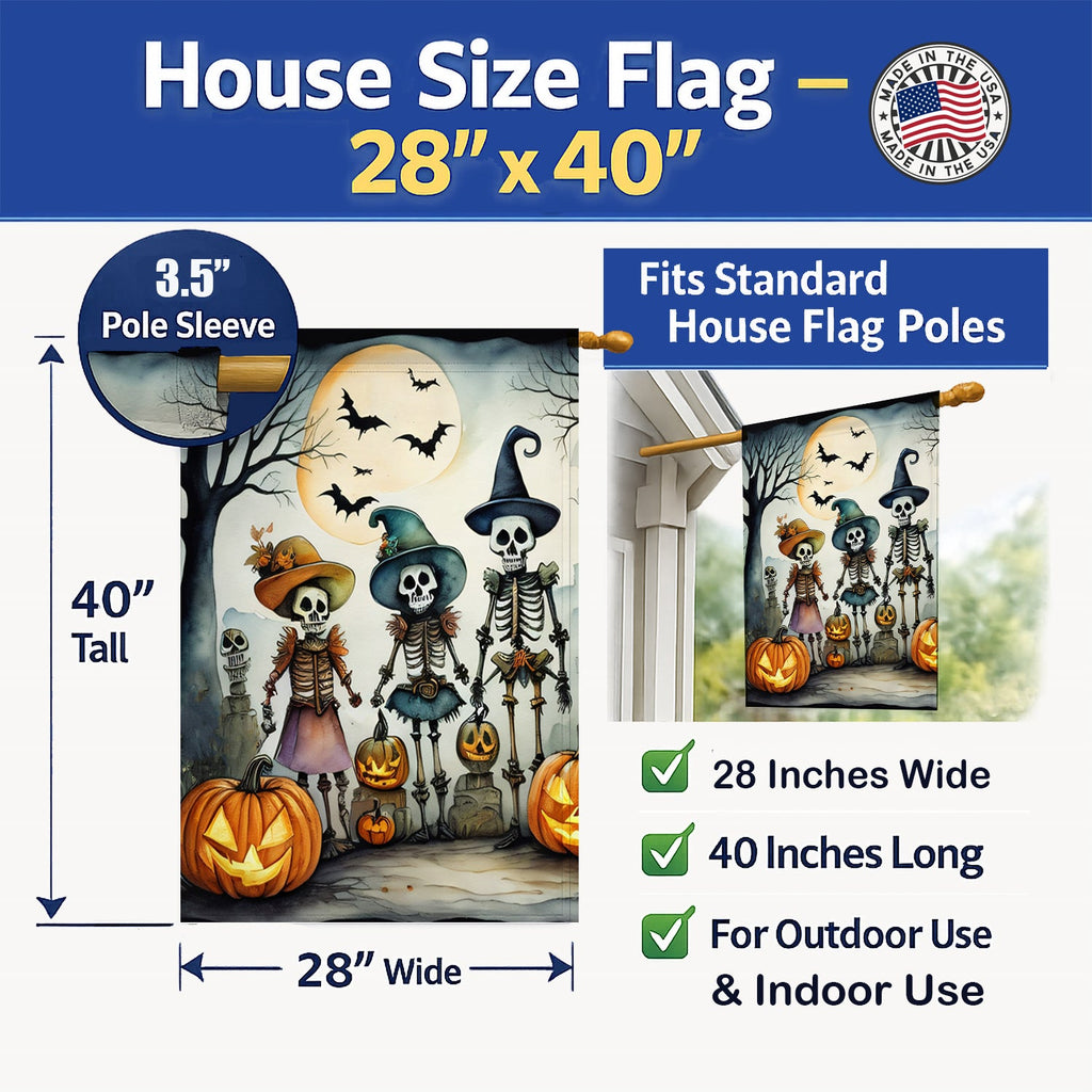 Calacas Skeletons Spooky Halloween House Flag 28x40 Porch Sleeve Pole Decorative Outside Yard Banner Artwork Wall Hanging, Polyester