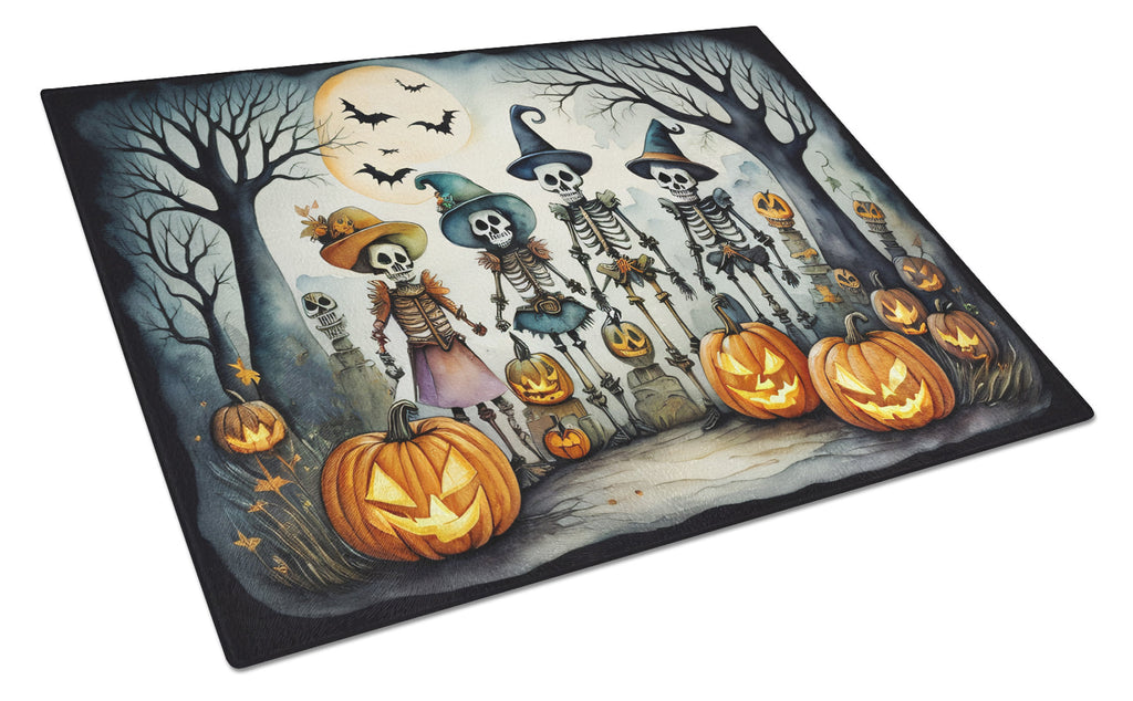 Calacas Skeletons Spooky Halloween Cutting Board Tempered Glass Kitchen Cutting Surface, Heat Resistant Chopping, Non-Slip Feet, Food Prep & Serving