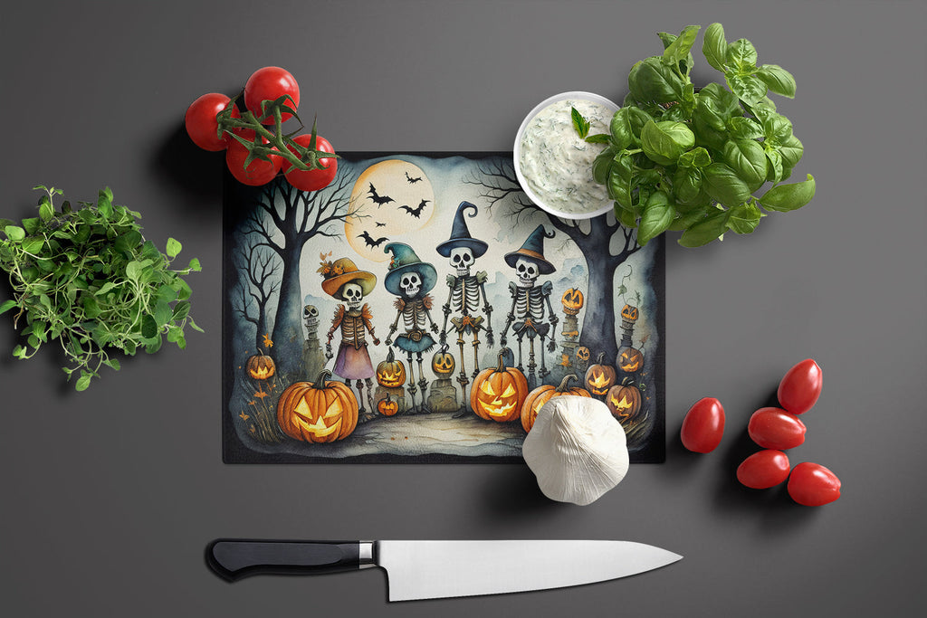 Calacas Skeletons Spooky Halloween Cutting Board Tempered Glass Kitchen Cutting Surface, Heat Resistant Chopping, Non-Slip Feet, Food Prep & Serving