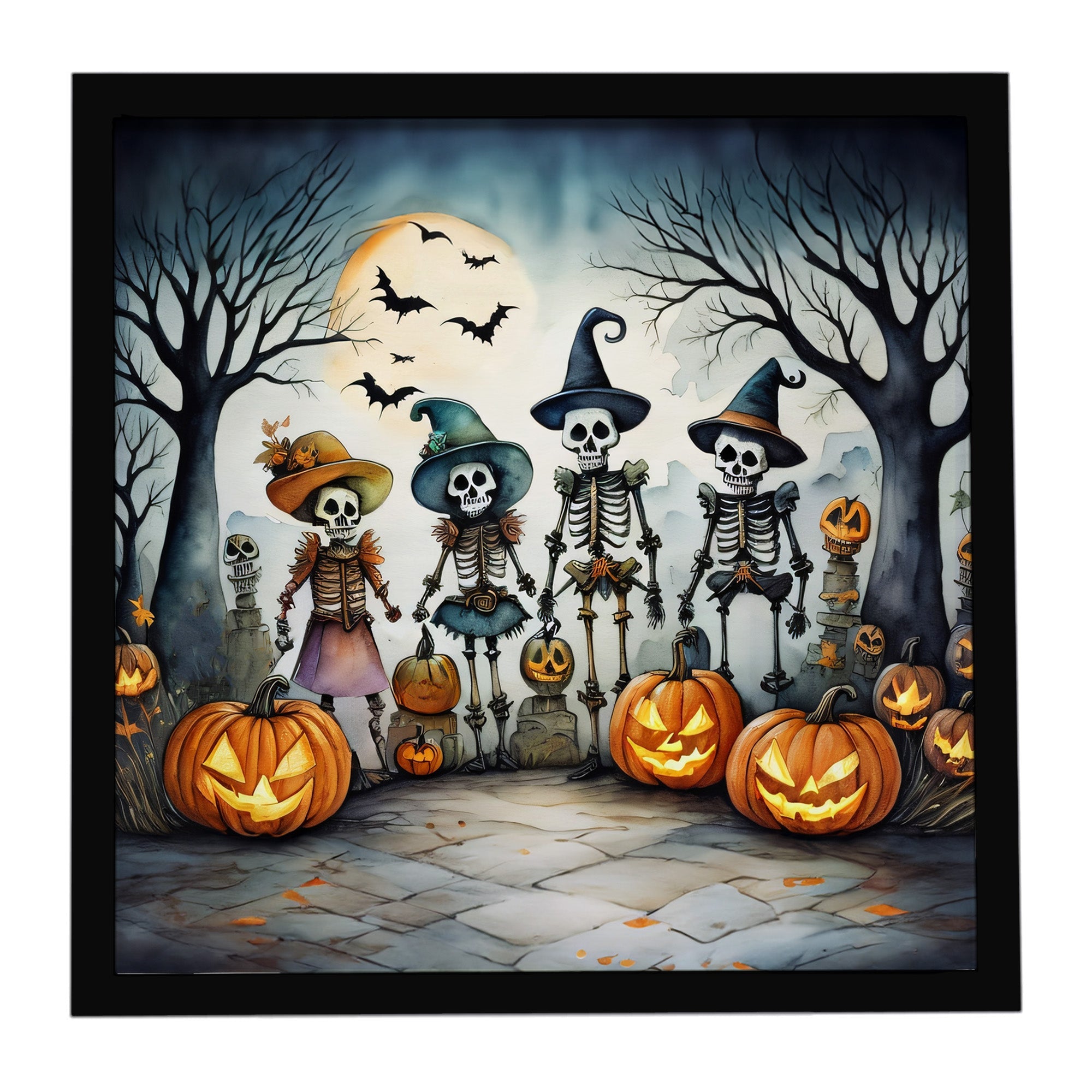 Calacas Skeletons Spooky Halloween Framed Metal Print Bathroom, Kitchen, Office, Home Decor Wall Art Ready to Hang, Square, 8X8