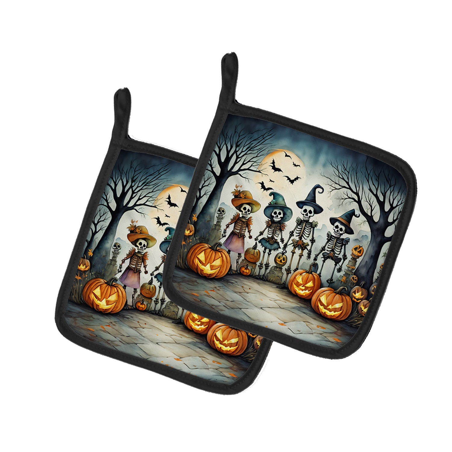Calacas Skeletons Spooky Halloween Pot Holder Set of 2 Heat Resistant Quilted Hot Pads 7.5 x 7.5 Inch, Insulated Kitchen Trivets for Cooking & Baking