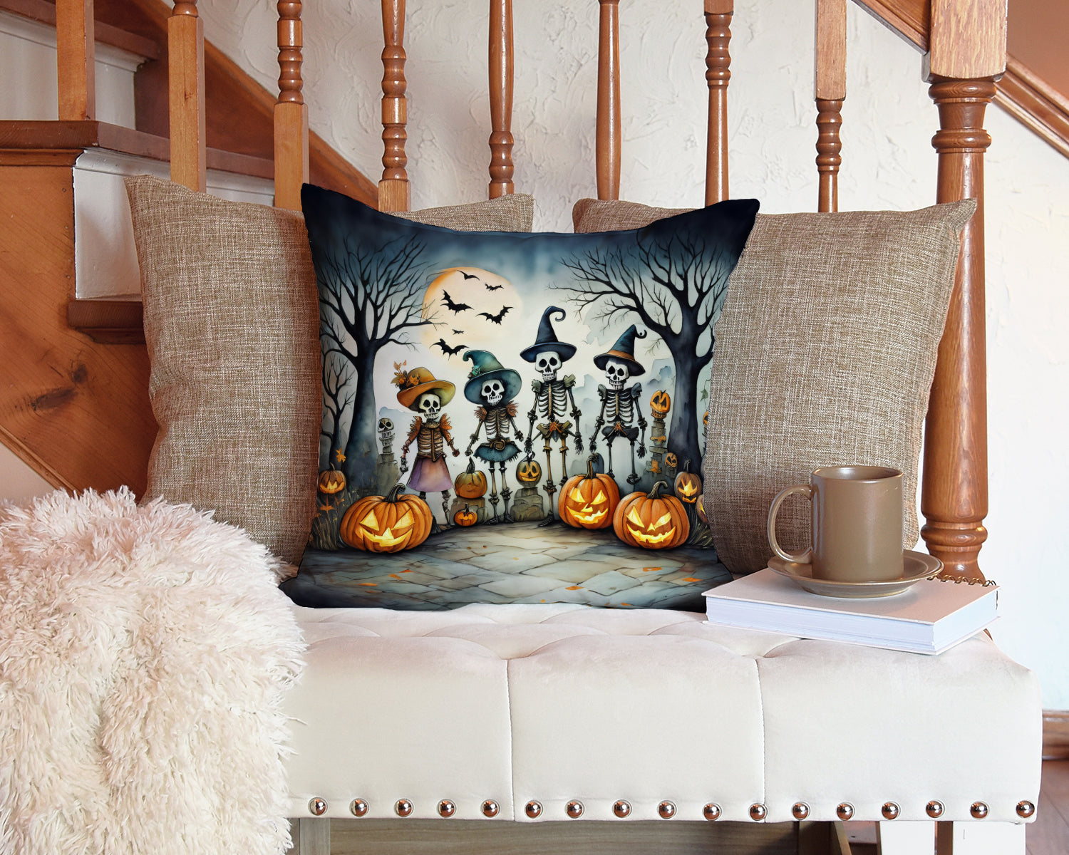 Calacas Skeletons Spooky Halloween Decorative Throw Pillow 14x14 Indoor Outdoor Accent Cushion, Fabric Cover with Insert for Sofa, Bed, Porch & Living Room