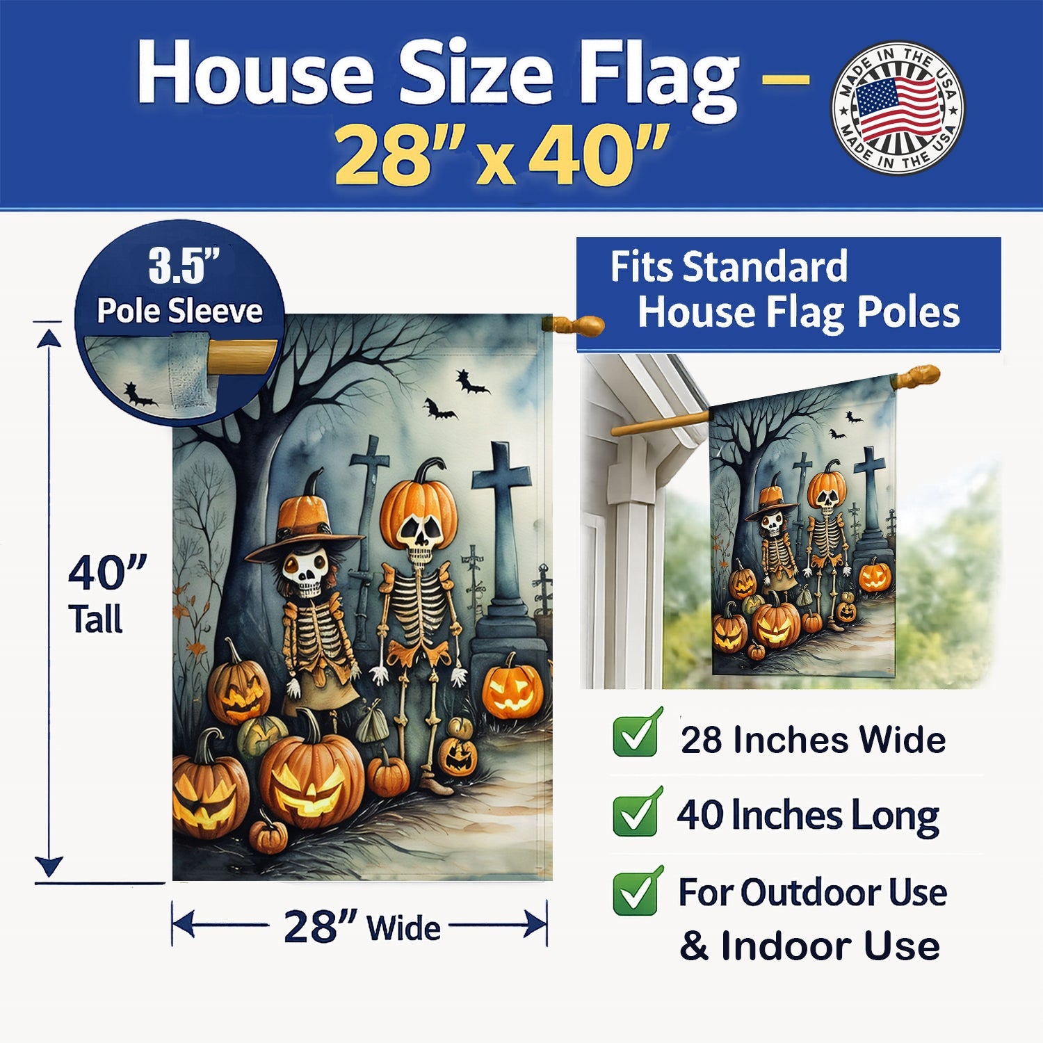 Calacas Skeletons Spooky Halloween House Flag 28x40 Porch Sleeve Pole Decorative Outside Yard Banner Artwork Wall Hanging, Polyester
