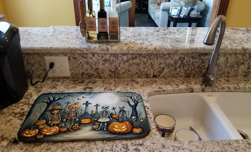 Calacas Skeletons Spooky Halloween Dish Drying Mat Absorbent Dish Drying Mat Pad for Kitchen Counter Dish Drainer Mat for Countertop, 14 x 21", Multicolor