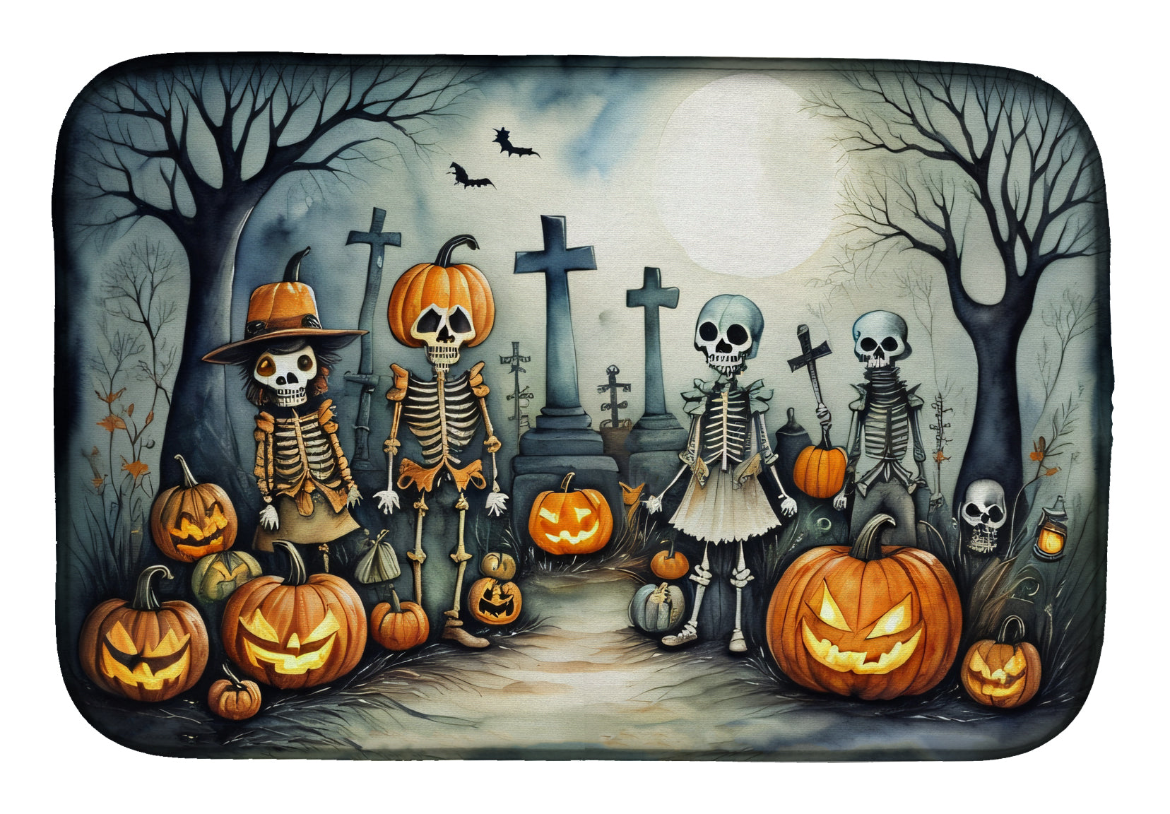 Calacas Skeletons Spooky Halloween Dish Drying Mat Absorbent Dish Drying Mat Pad for Kitchen Counter Dish Drainer Mat for Countertop, 14 x 21", Multicolor