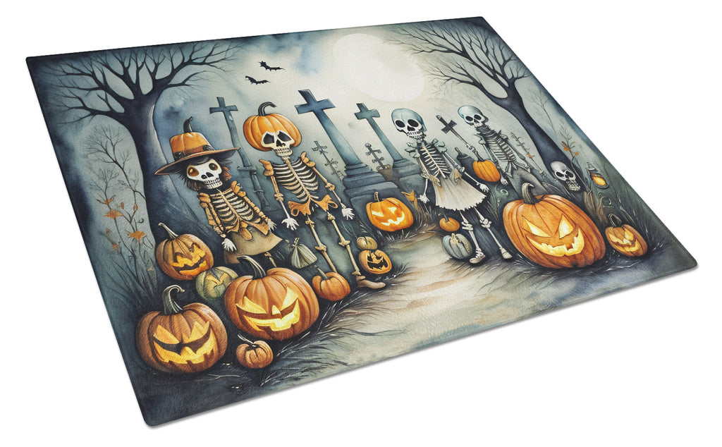 Calacas Skeletons Spooky Halloween Cutting Board Tempered Glass Kitchen Cutting Surface, Heat Resistant Chopping, Non-Slip Feet, Food Prep & Serving