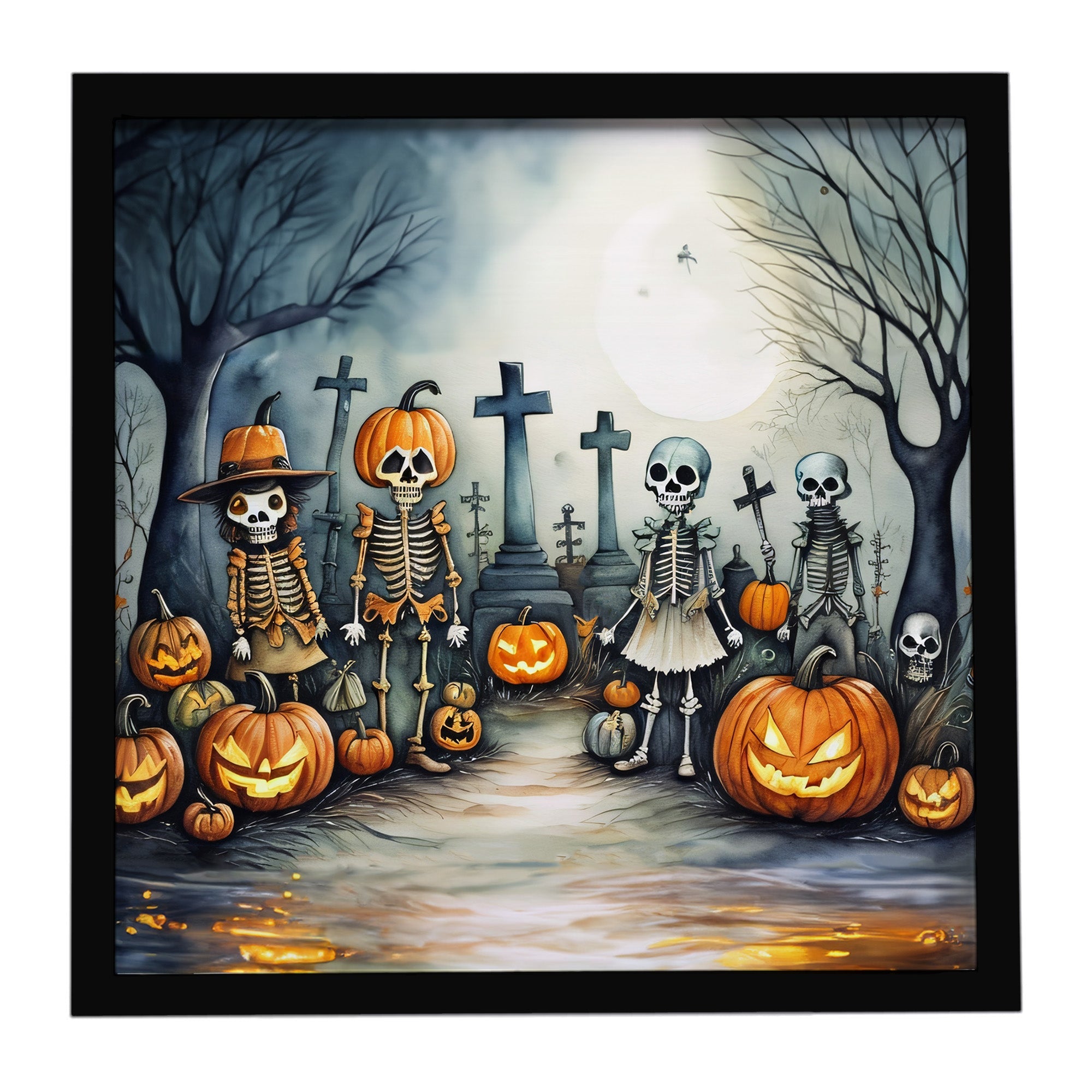 Calacas Skeletons Spooky Halloween Framed Metal Print Bathroom, Kitchen, Office, Home Decor Wall Art Ready to Hang, Square, 8X8