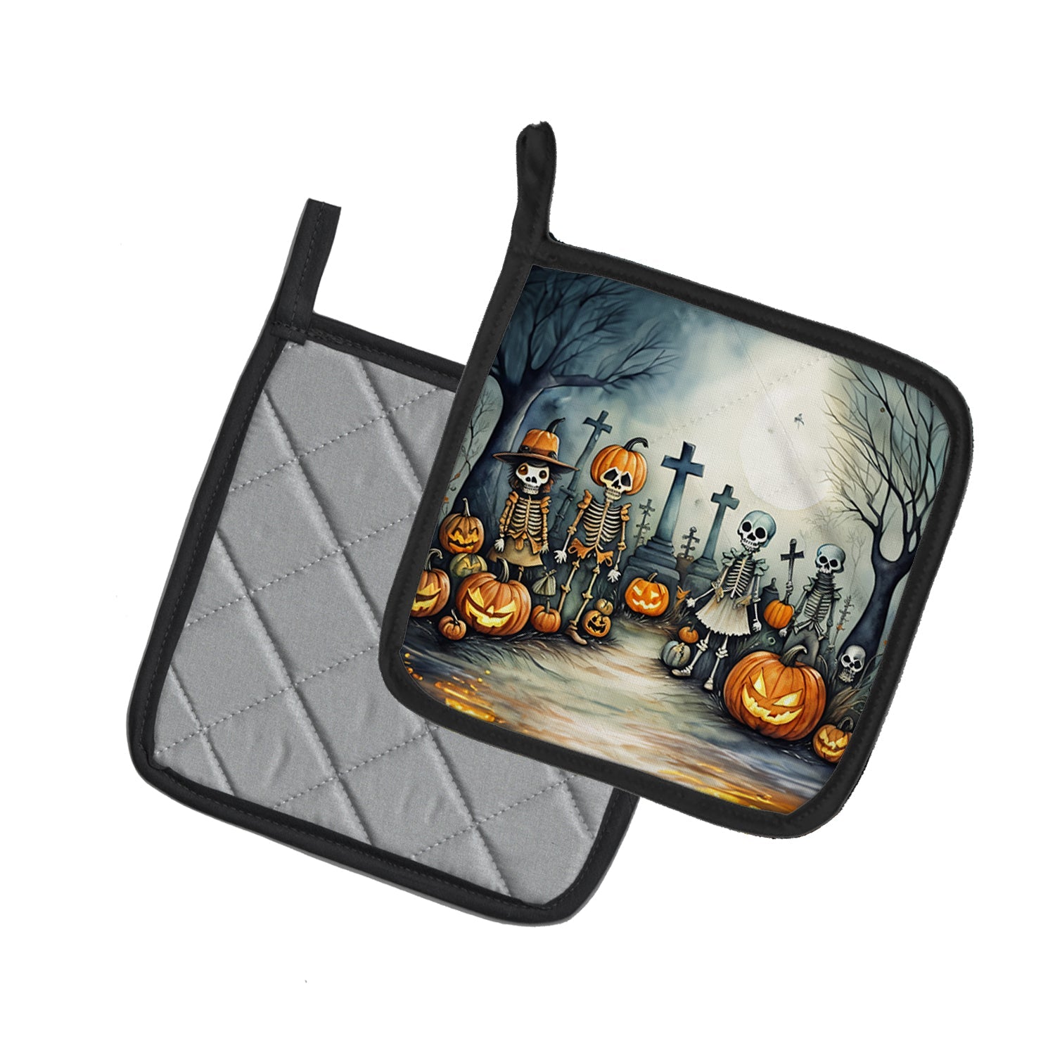 Calacas Skeletons Spooky Halloween Pot Holder Set of 2 Heat Resistant Quilted Hot Pads 7.5 x 7.5 Inch, Insulated Kitchen Trivets for Cooking & Baking