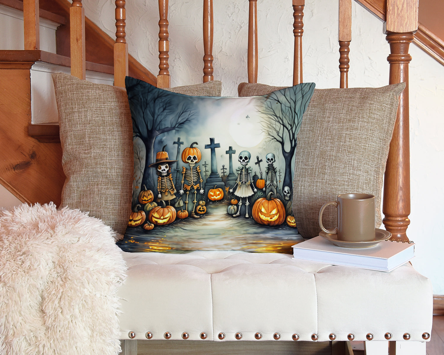 Calacas Skeletons Spooky Halloween Decorative Throw Pillow 14x14 Indoor Outdoor Accent Cushion, Fabric Cover with Insert for Sofa, Bed, Porch & Living Room