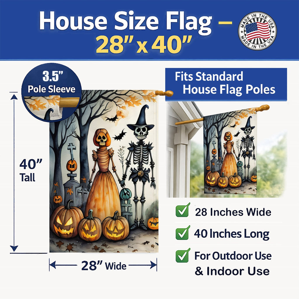 Calacas Skeletons Spooky Halloween House Flag 28x40 Porch Sleeve Pole Decorative Outside Yard Banner Artwork Wall Hanging, Polyester