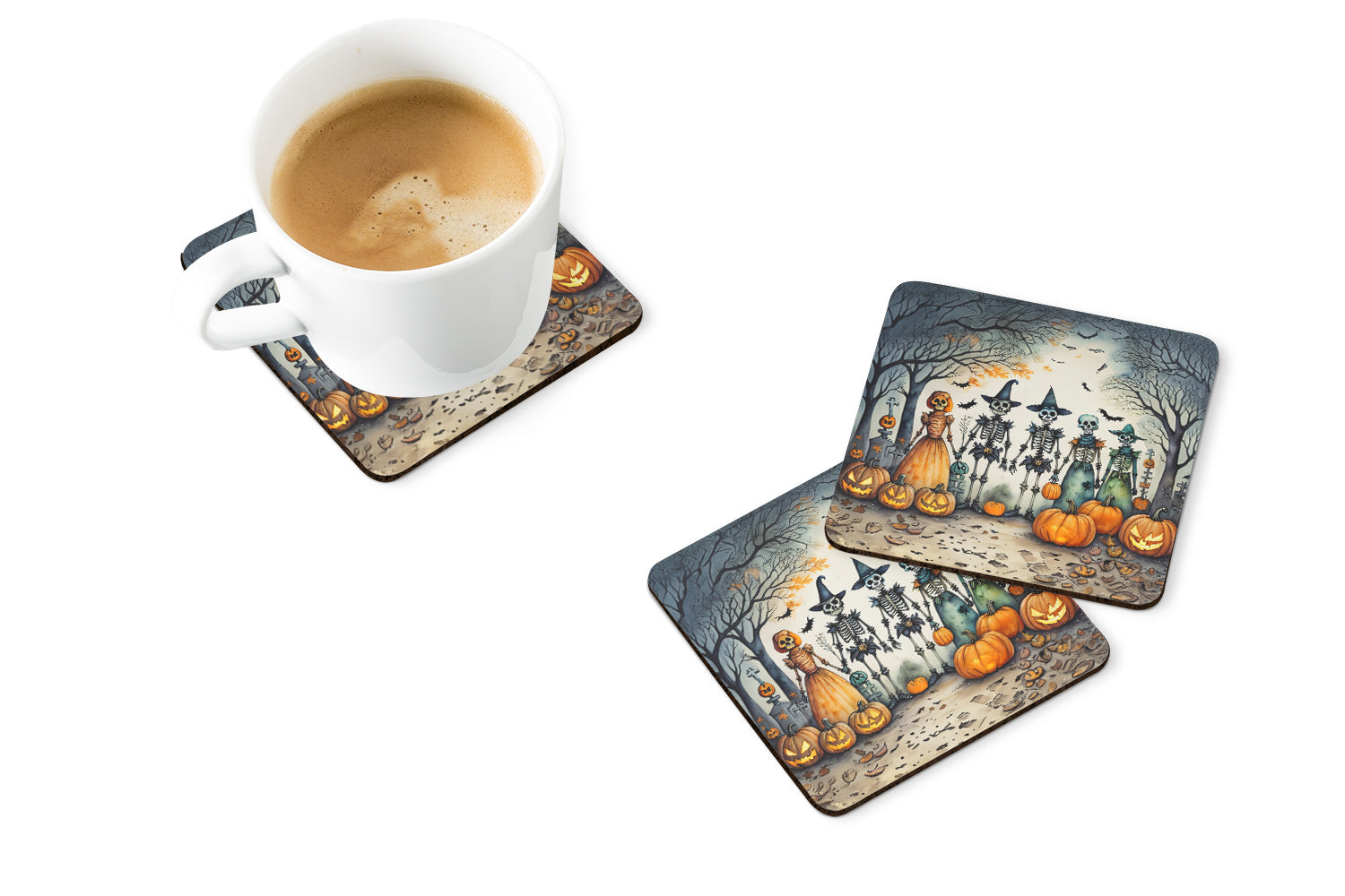 Calacas Skeletons Spooky Halloween Foam Coasters Set of 4 Cup Coasters for Indoor Outdoor, Tabletop Protection, Anti Slip, Mouse pad Material