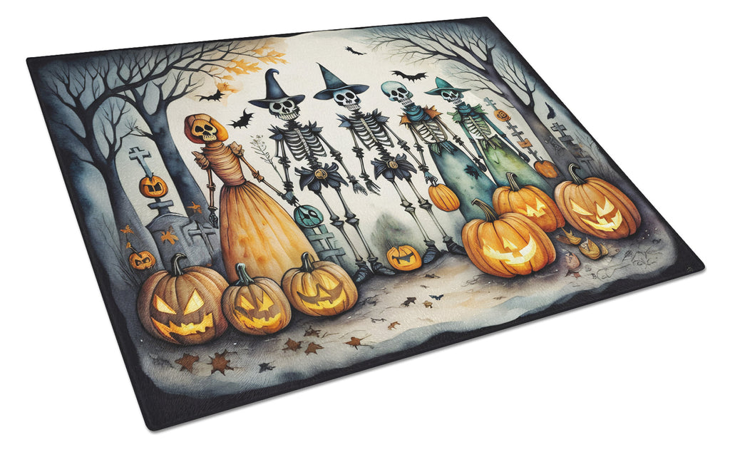 Calacas Skeletons Spooky Halloween Cutting Board Tempered Glass Kitchen Cutting Surface, Heat Resistant Chopping, Non-Slip Feet, Food Prep & Serving