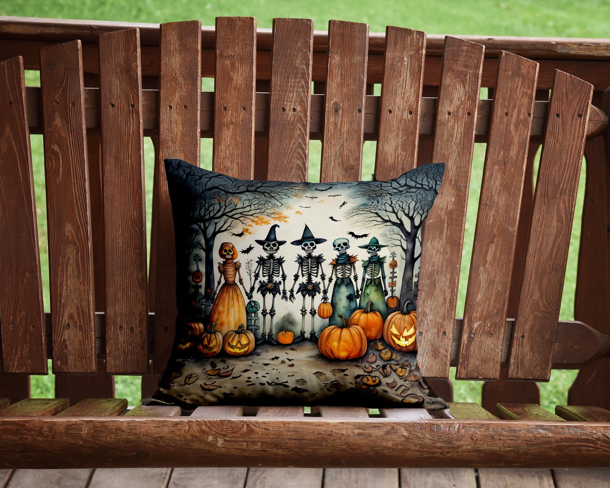 Calacas Skeletons Spooky Halloween Decorative Throw Pillow 14x14 Indoor Outdoor Accent Cushion, Fabric Cover with Insert for Sofa, Bed, Porch & Living Room