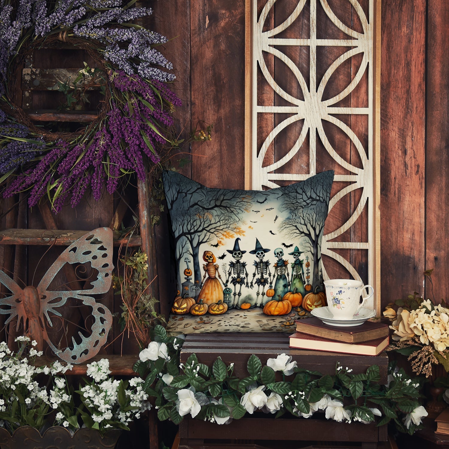 Calacas Skeletons Spooky Halloween Decorative Throw Pillow 14x14 Indoor Outdoor Accent Cushion, Fabric Cover with Insert for Sofa, Bed, Porch & Living Room