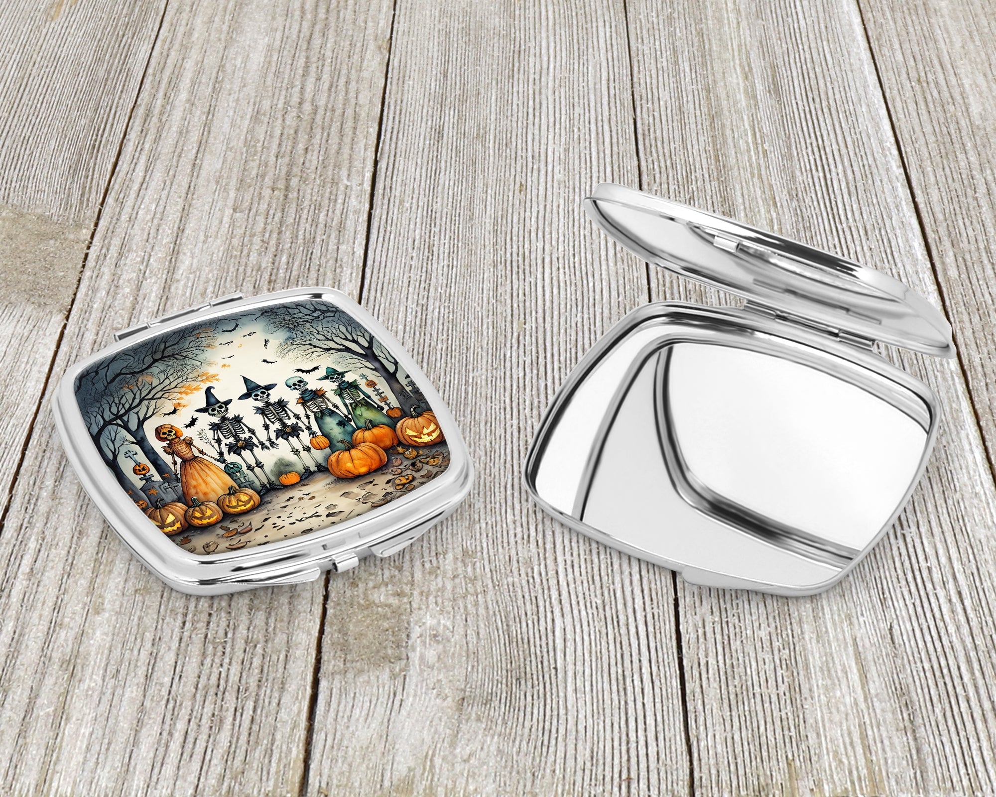Calacas Skeletons Spooky Halloween Compact Mirror Decorative Travel Makeup Mirror for Women Girls Gifts Pocket Makeup Mirror Folding Handheld