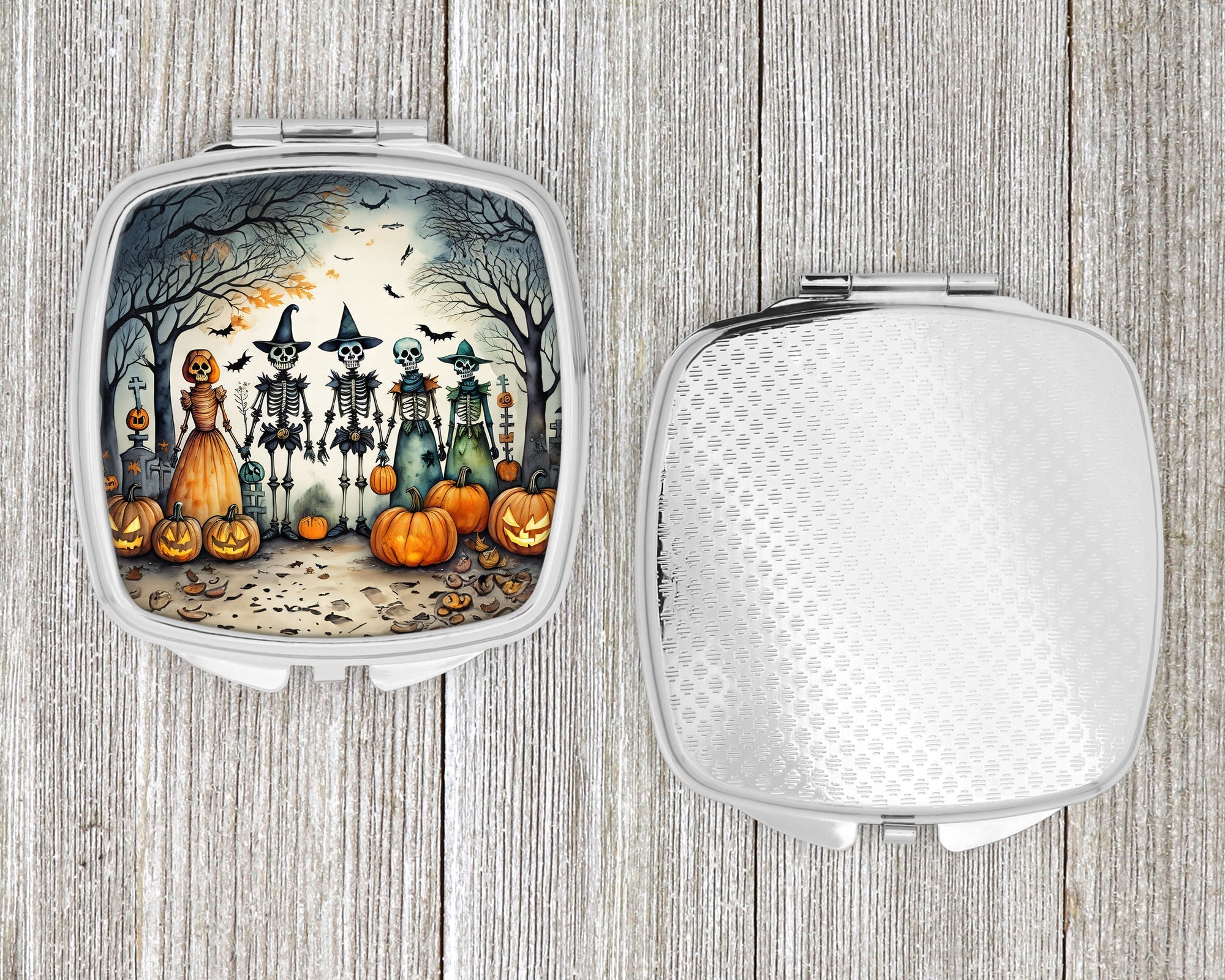 Calacas Skeletons Spooky Halloween Compact Mirror Decorative Travel Makeup Mirror for Women Girls Gifts Pocket Makeup Mirror Folding Handheld