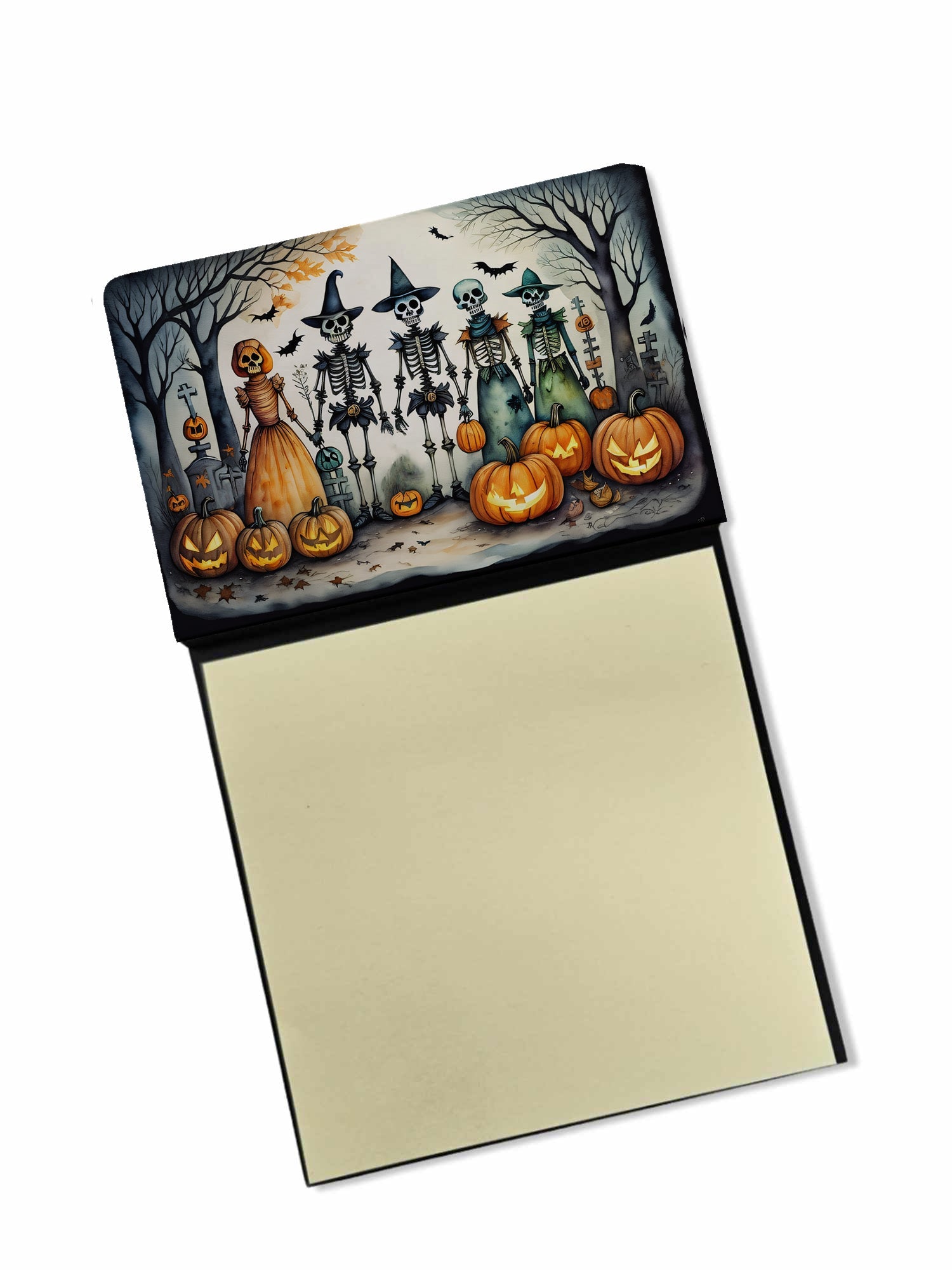 Calacas Skeletons Spooky Halloween Watercolor Sticky Note Holder Refillable Dispenser Desk Accessory 3x3 Pad Gift