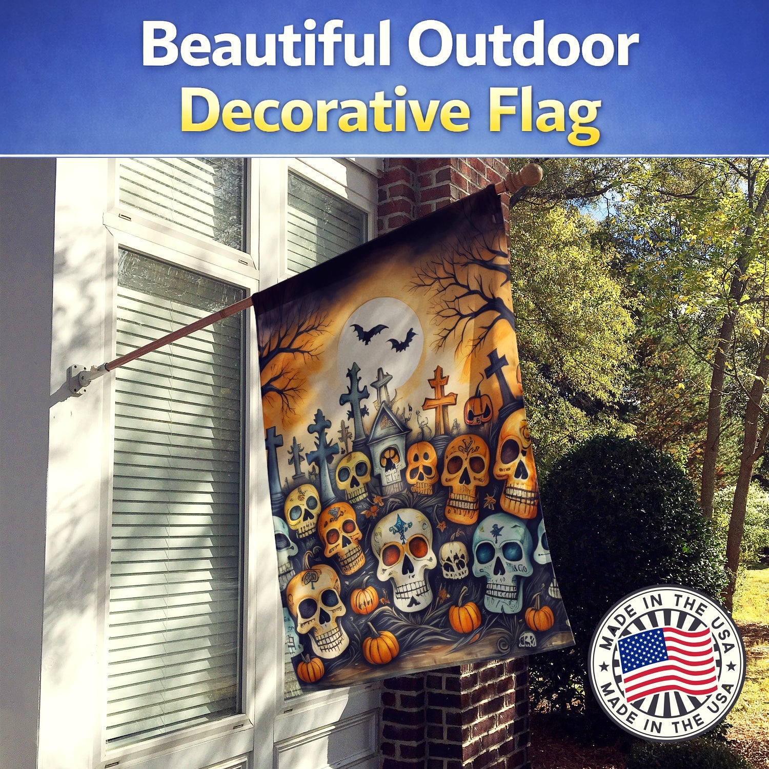 Calaveras Sugar Skulls Spooky Halloween House Flag 28x40 Porch Sleeve Pole Decorative Outside Yard Banner Artwork Wall Hanging, Polyester