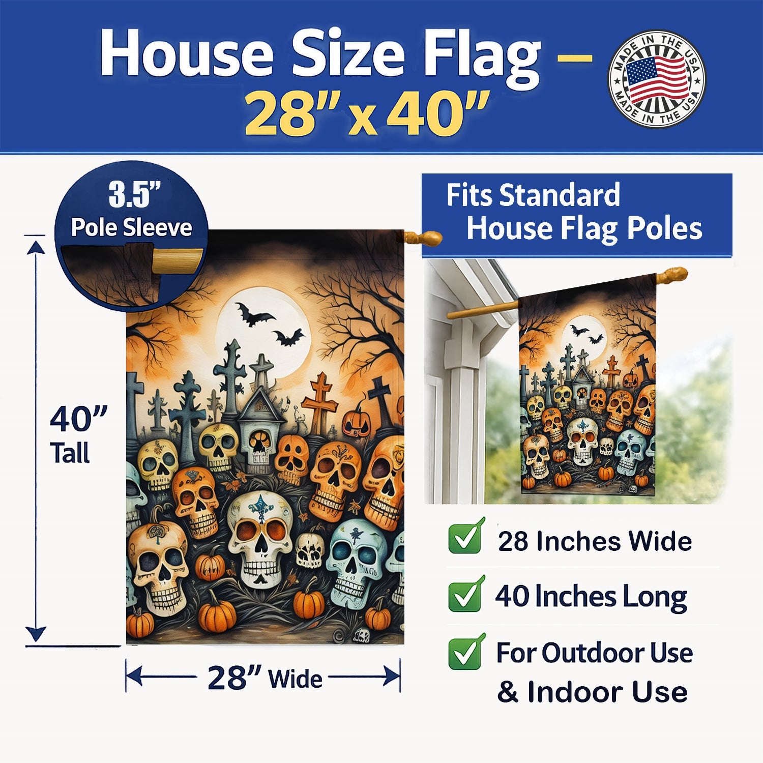 Calaveras Sugar Skulls Spooky Halloween House Flag 28x40 Porch Sleeve Pole Decorative Outside Yard Banner Artwork Wall Hanging, Polyester