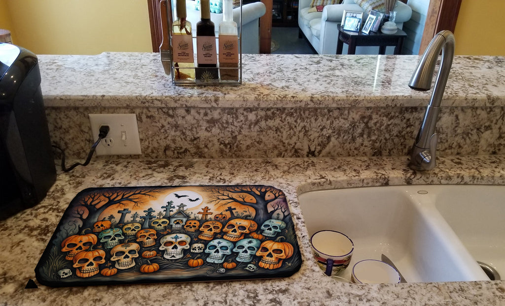 Calaveras Sugar Skulls Spooky Halloween Dish Drying Mat Absorbent Dish Drying Mat Pad for Kitchen Counter Dish Drainer Mat for Countertop, 14 x 21", Multicolor