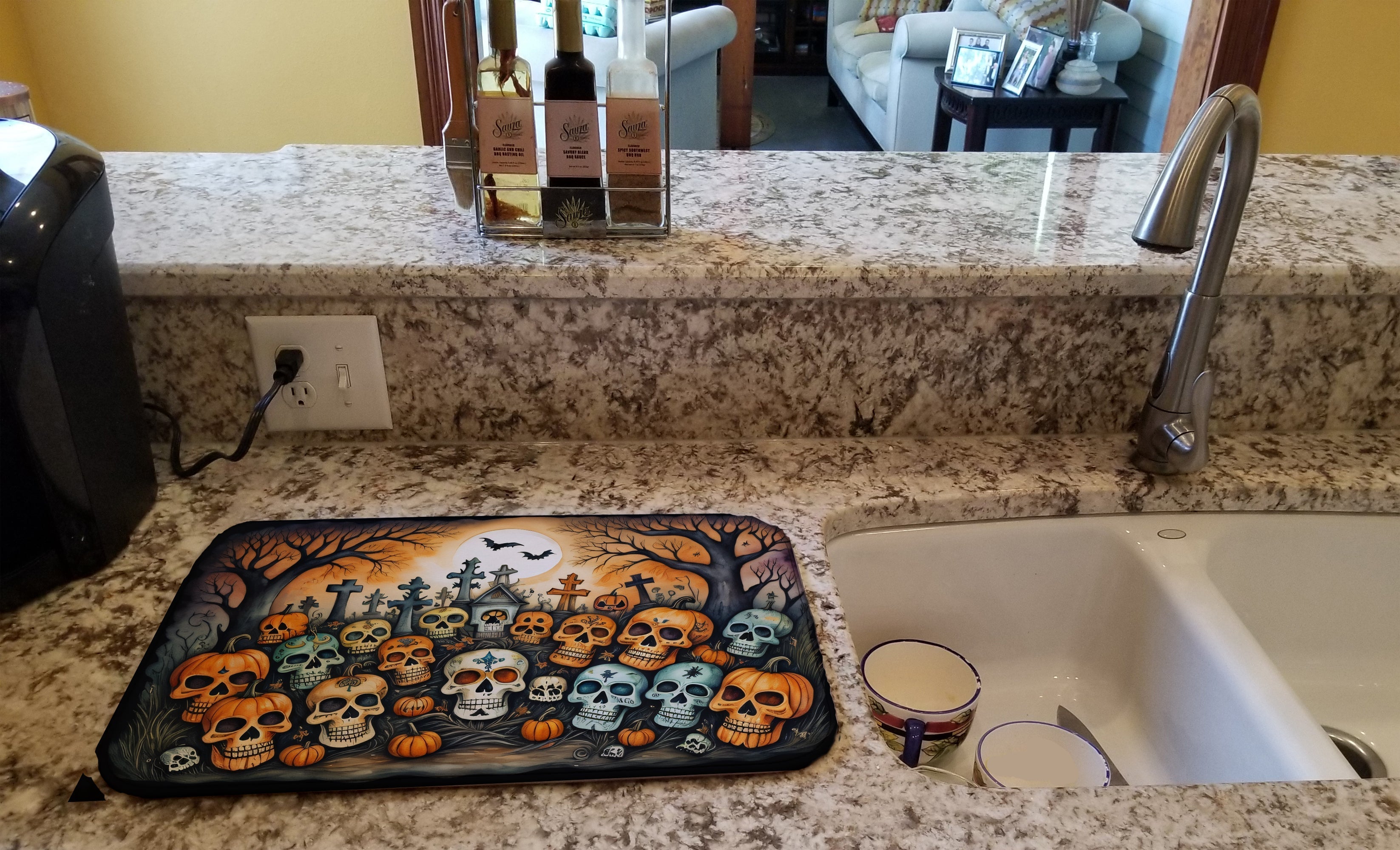 Calaveras Sugar Skulls Spooky Halloween Dish Drying Mat Absorbent Dish Drying Mat Pad for Kitchen Counter Dish Drainer Mat for Countertop, 14 x 21", Multicolor